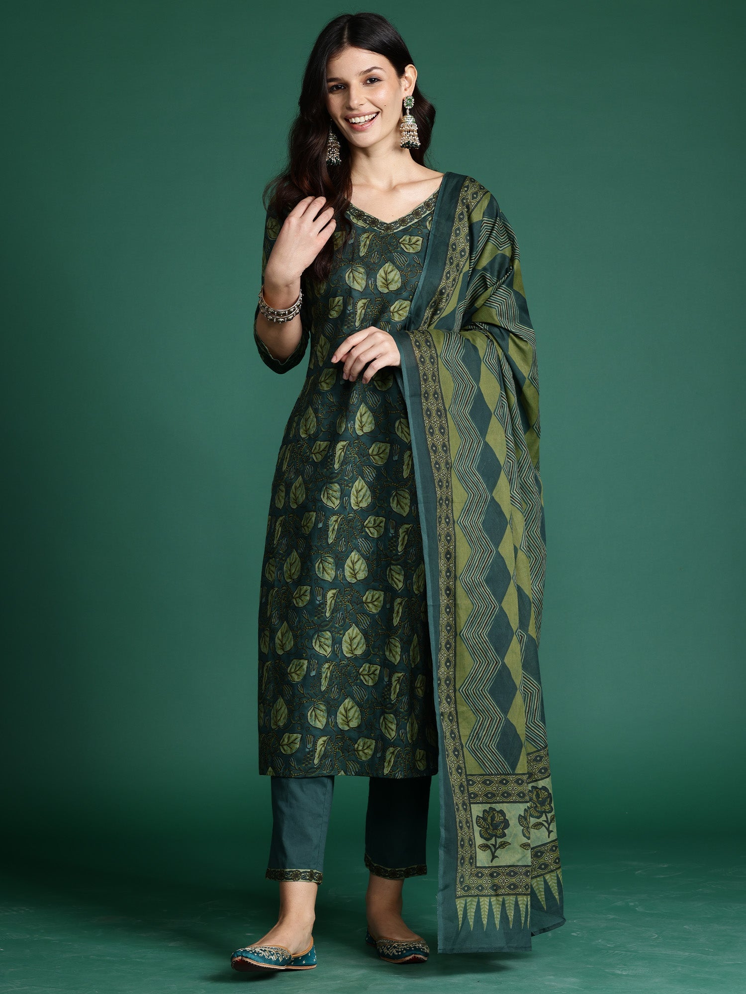 Women's Green Pure Cotton Kurta Set - Taantav