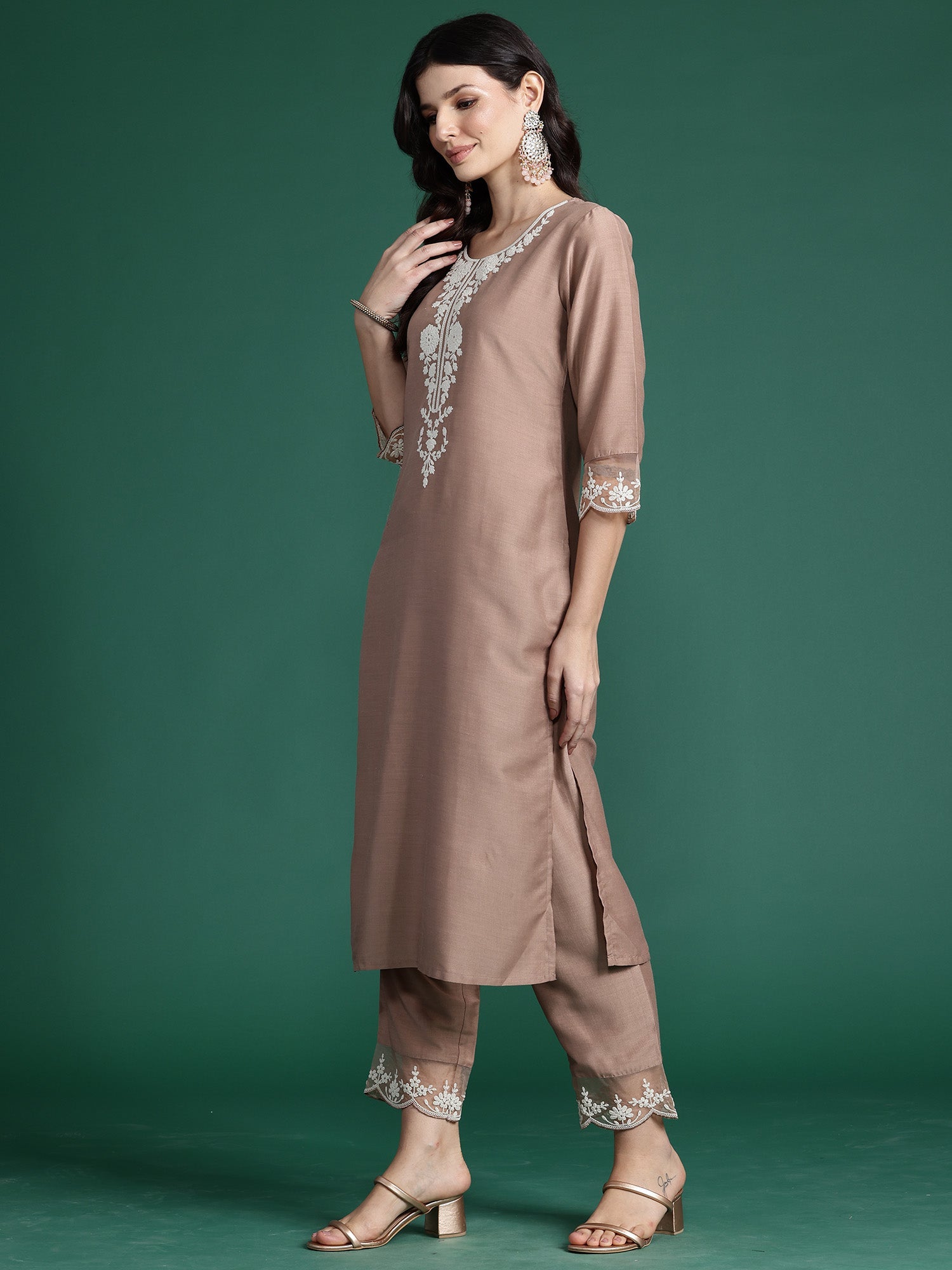 Women's Brown Silk Blend Kurta Set - Taantav