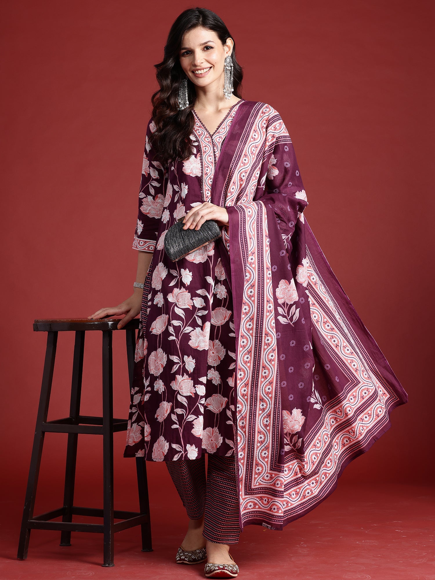 Women's Burgundy Pure Cotton Kurta Set - Taantav