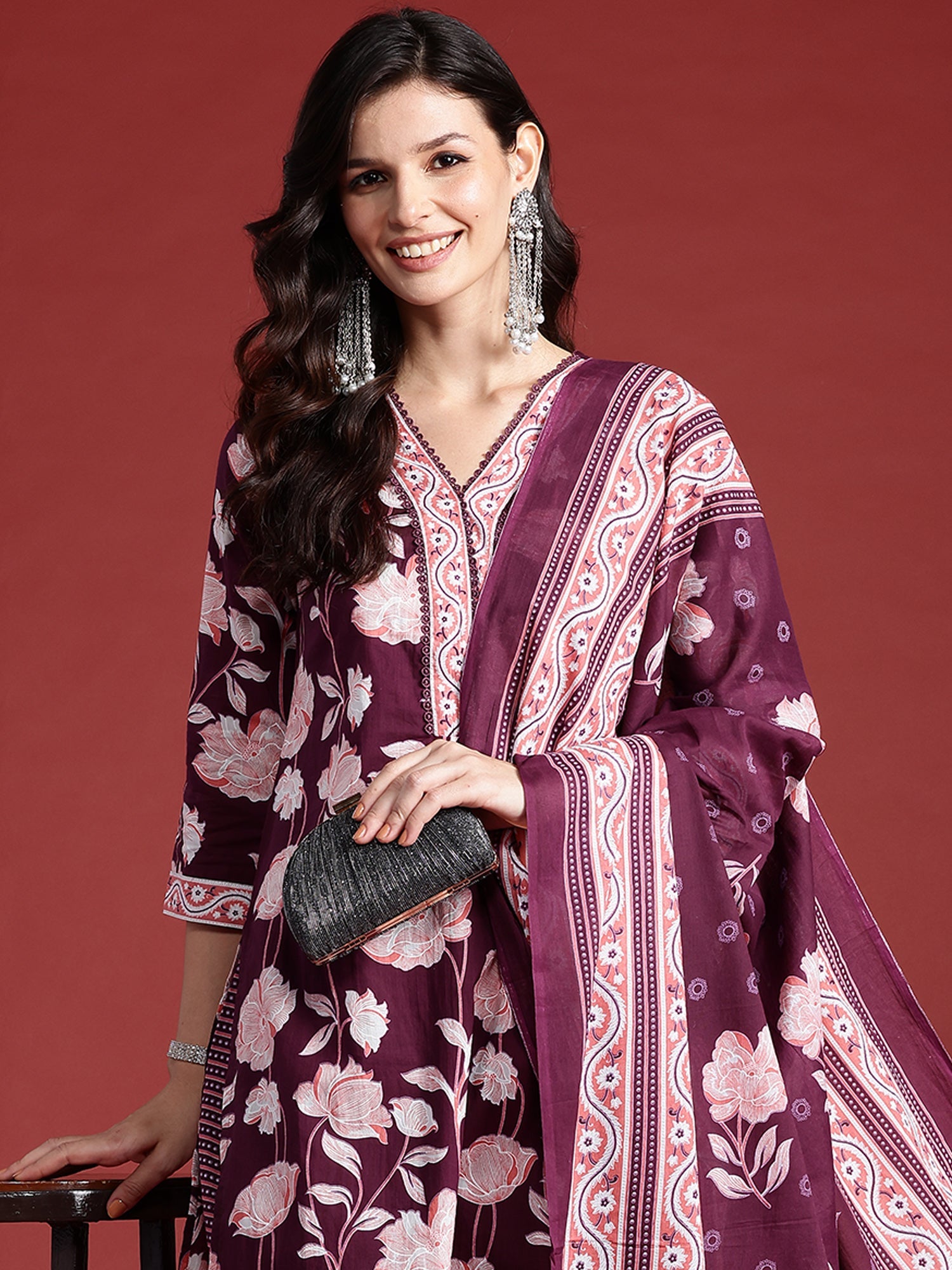 Women's Burgundy Pure Cotton Kurta Set - Taantav