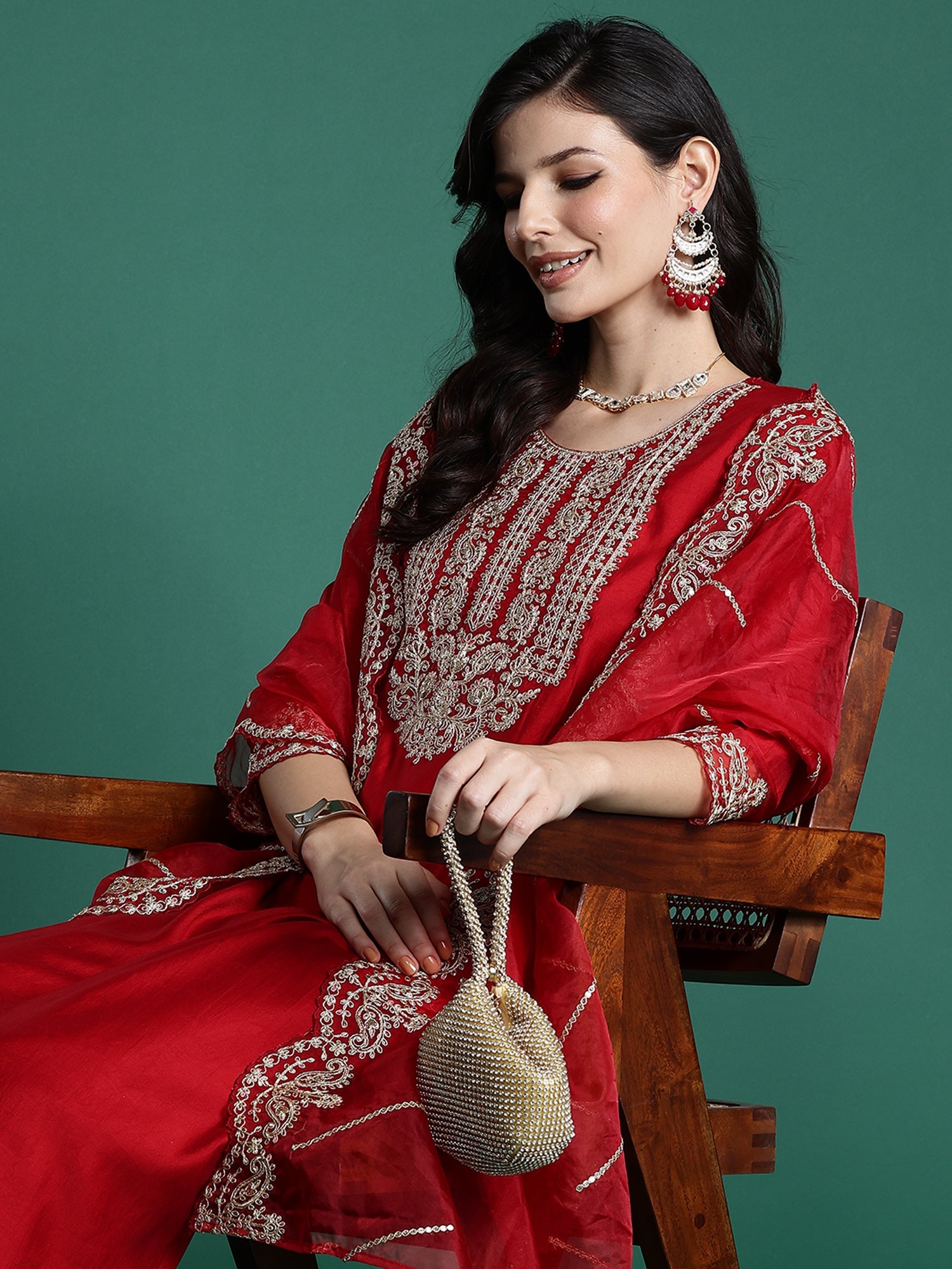 Women's Red Liva Kurta Set - Taantav