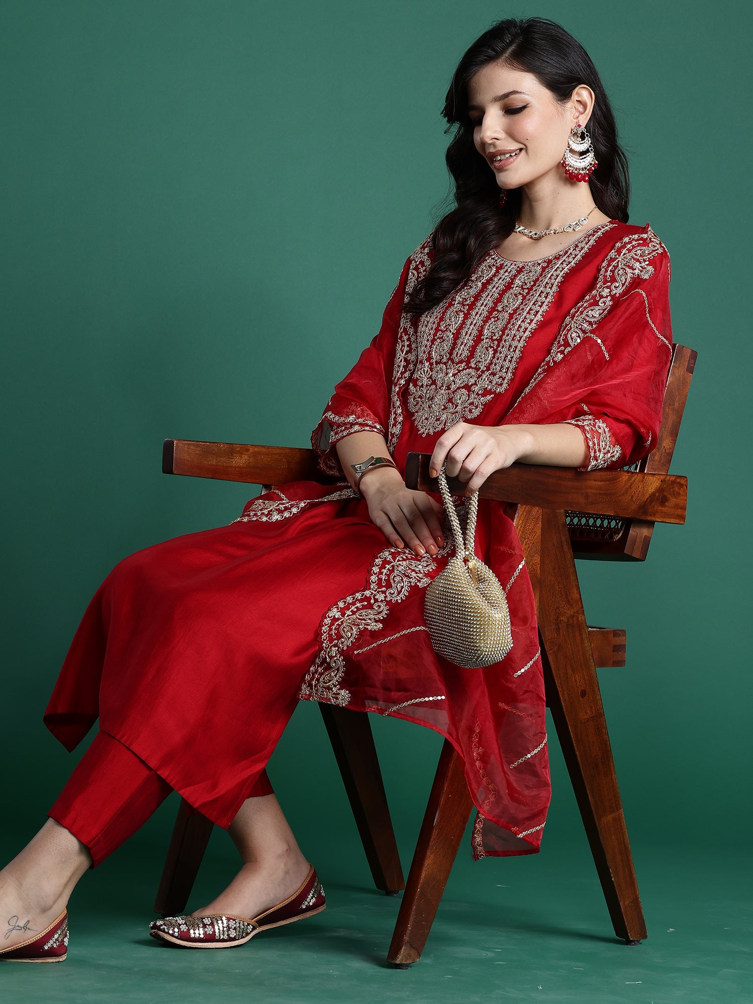 Women's Red Liva Kurta Set - Taantav