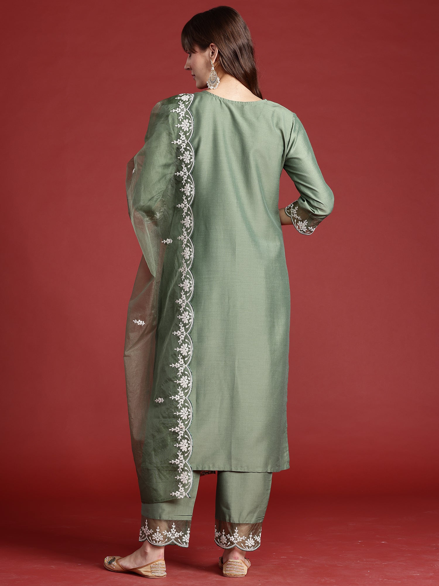 Women's Green Silk Blend Kurta Set - Taantav