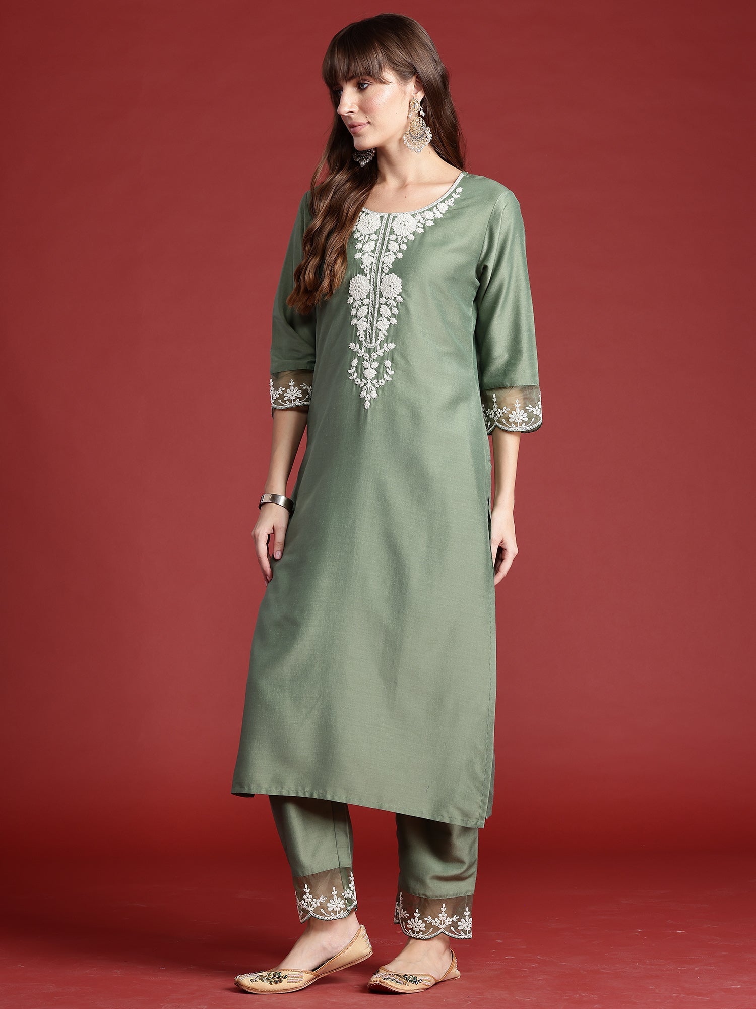 Women's Green Silk Blend Kurta Set - Taantav