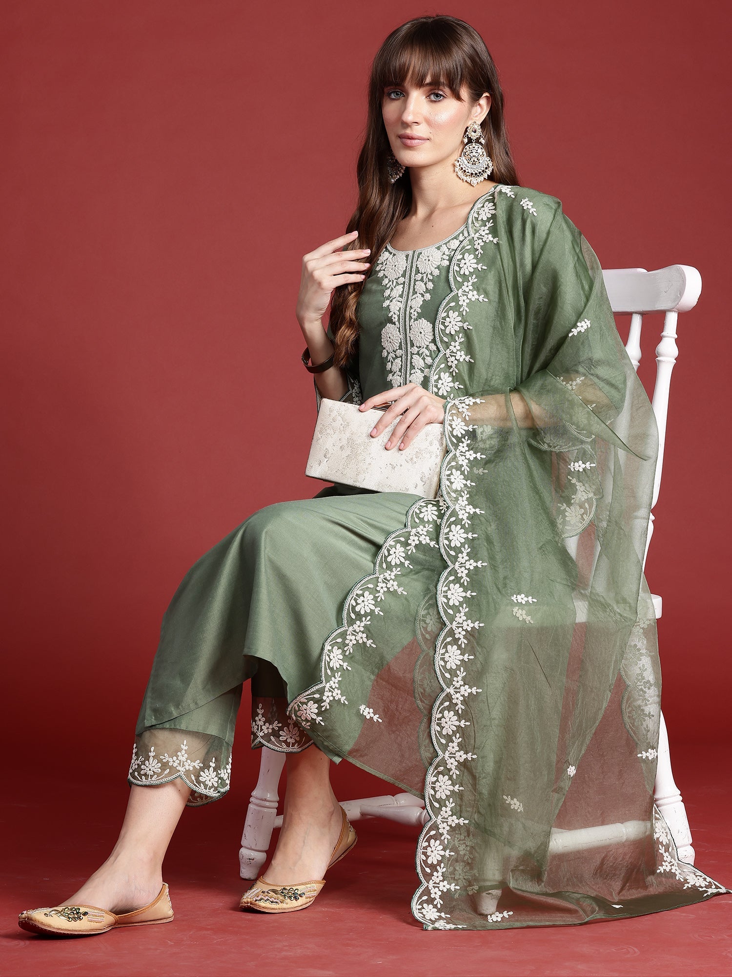 Women's Green Silk Blend Kurta Set - Taantav