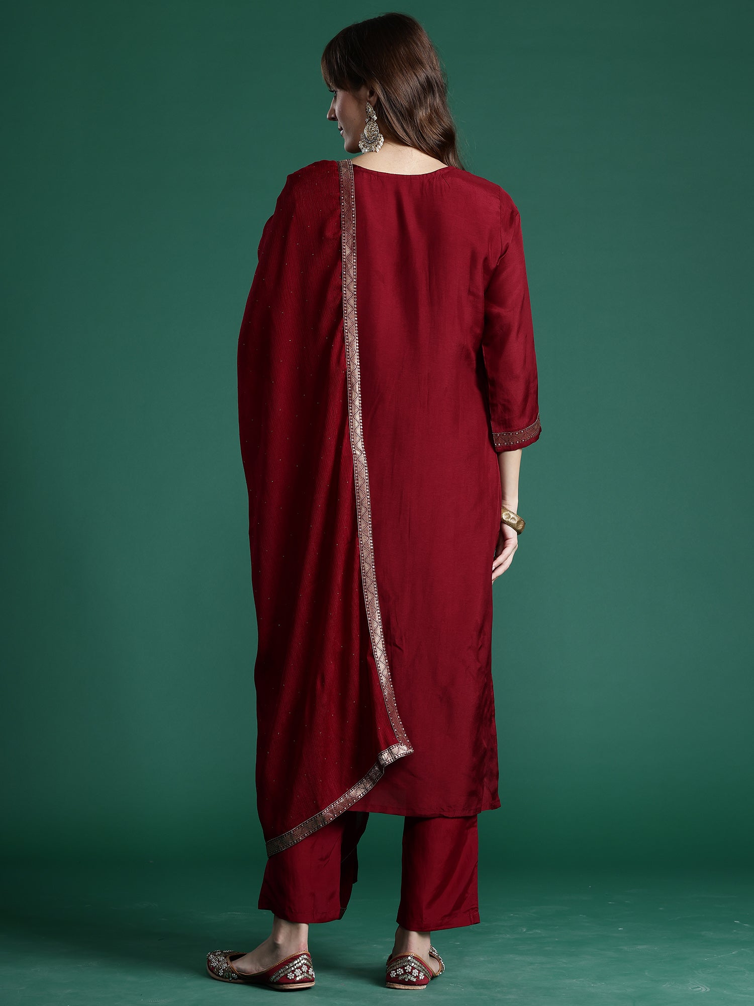 Women's Maroon Silk Blend Kurta Set - Taantav