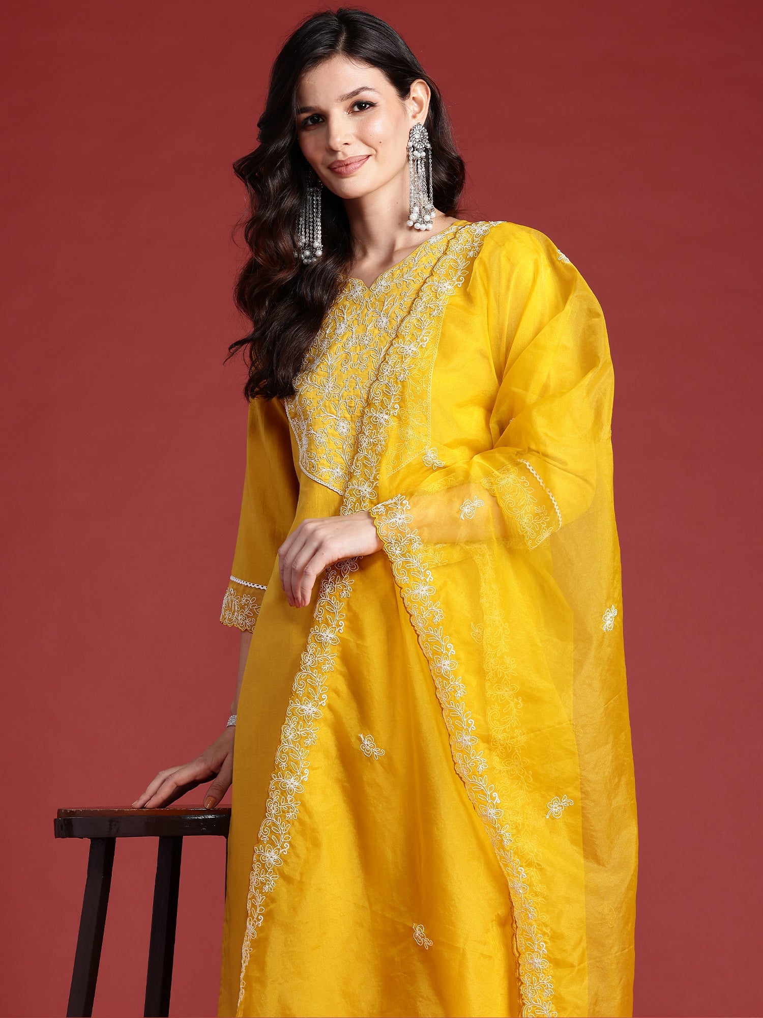 Women's Mustard Silk Blend Kurta Set - Taantav