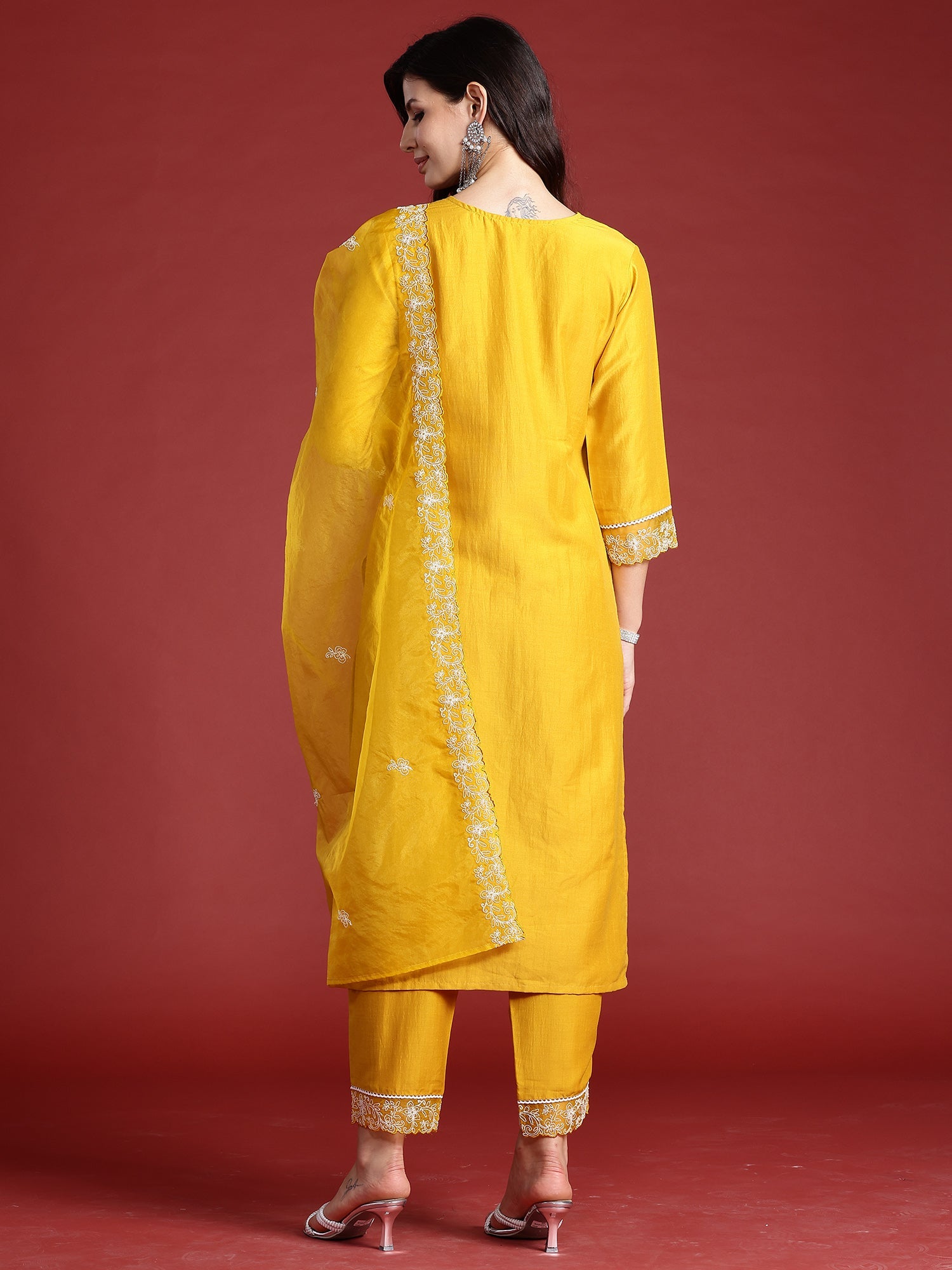 Women's Mustard Silk Blend Kurta Set - Taantav