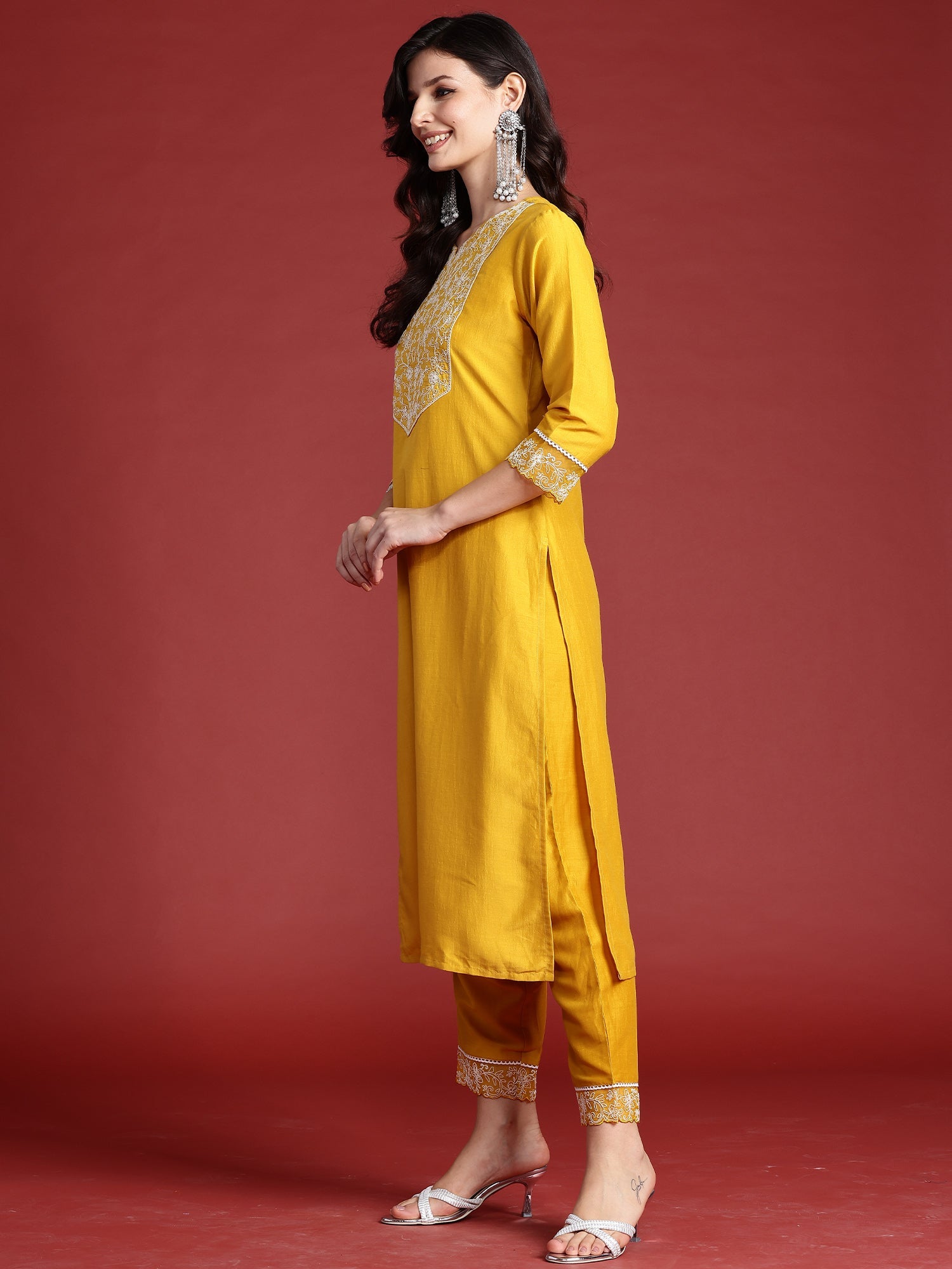 Women's Mustard Silk Blend Kurta Set - Taantav