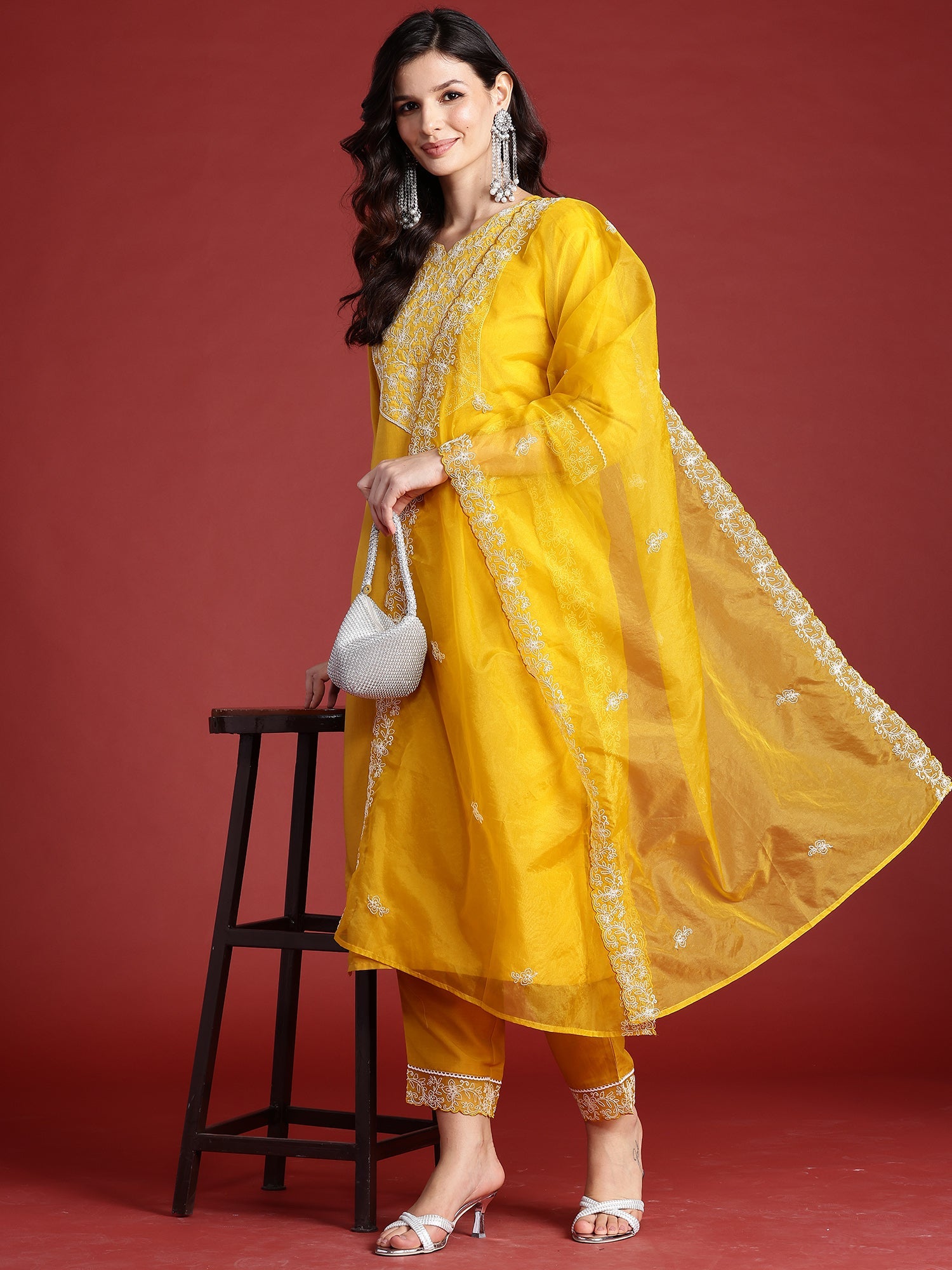 Women's Mustard Silk Blend Kurta Set - Taantav