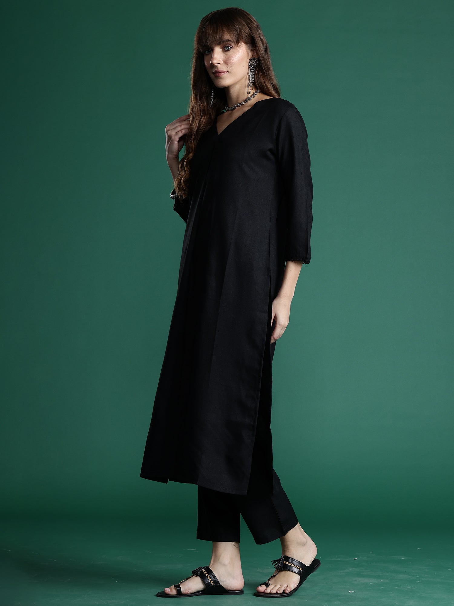 Women's Black Cotton Blend Kurta Set - Taantav