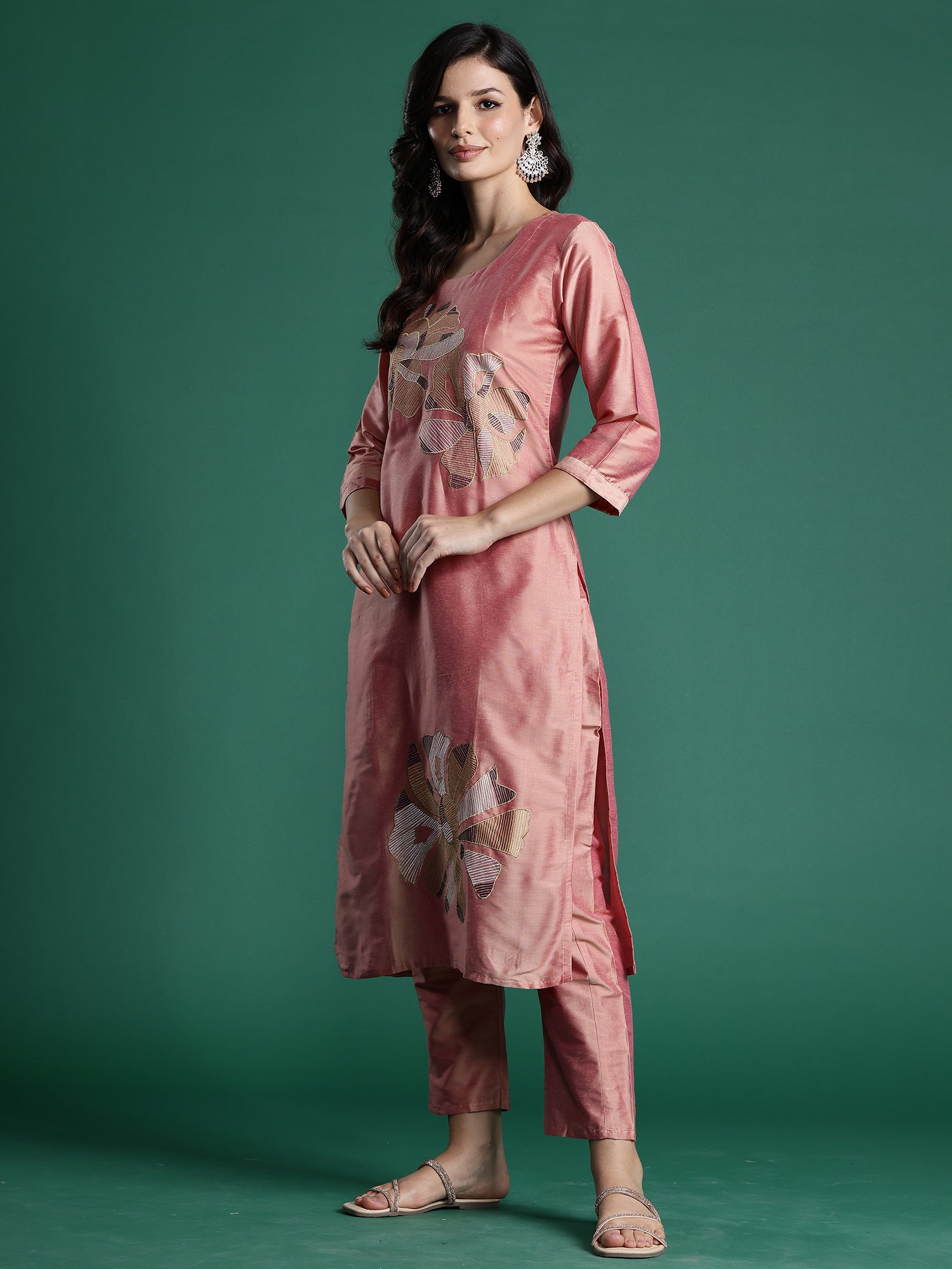 Women's Peach Silk Blend Kurta Set - Taantav