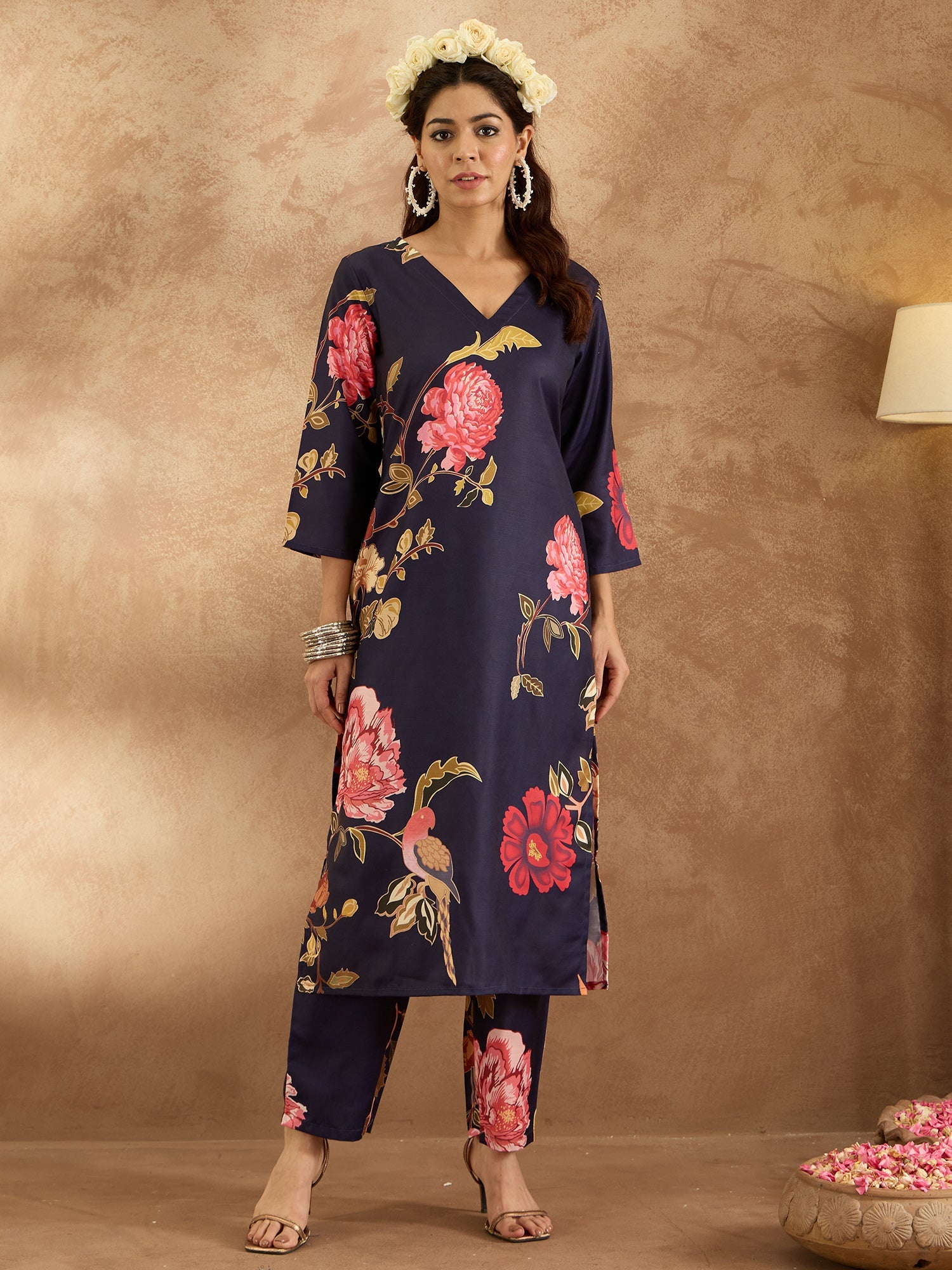 Women's Navy Blue Cotton Blend Kurta Set - Taantav