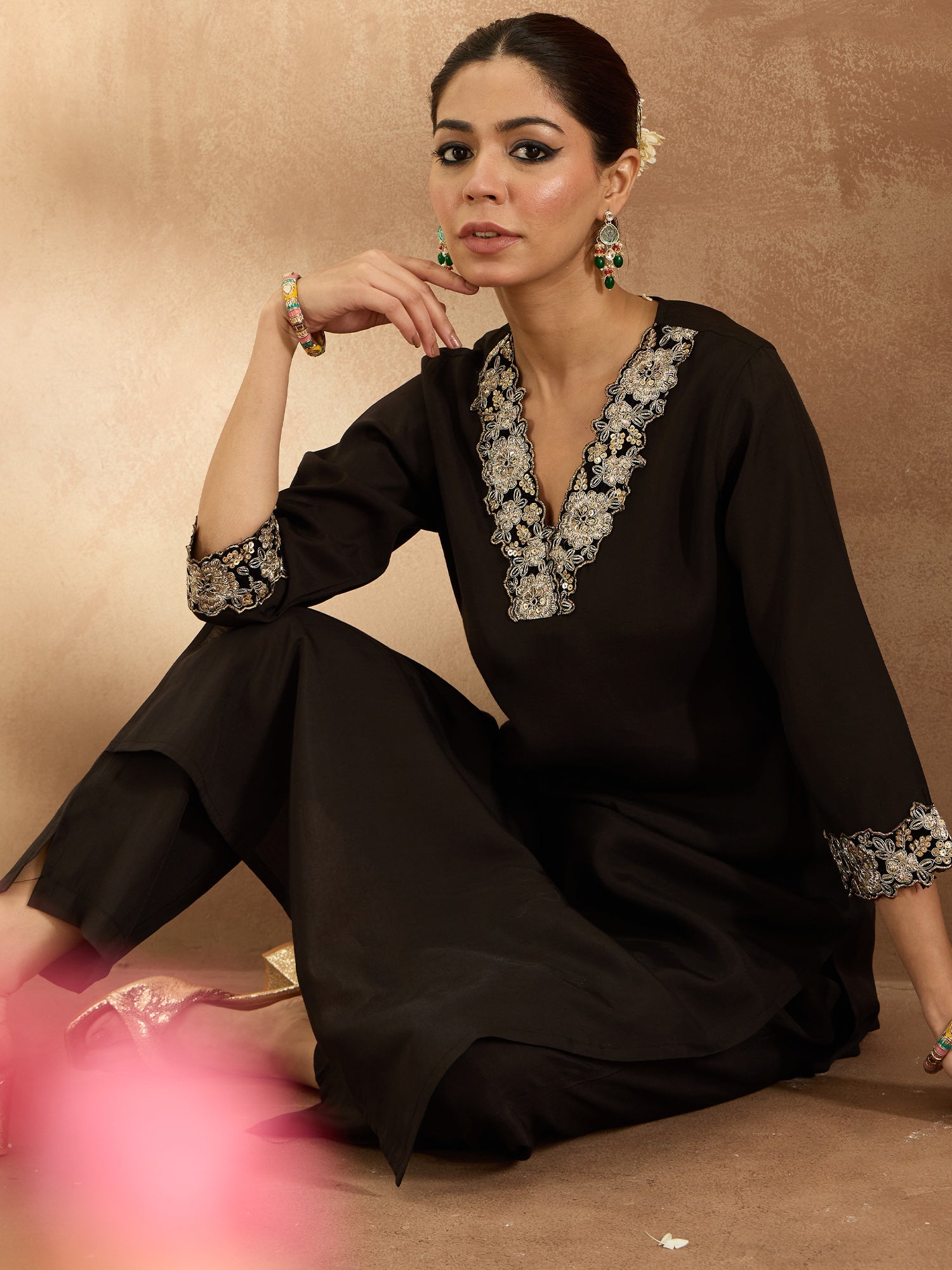 Women's Black Pure Cotton Kurta Set - Taantav