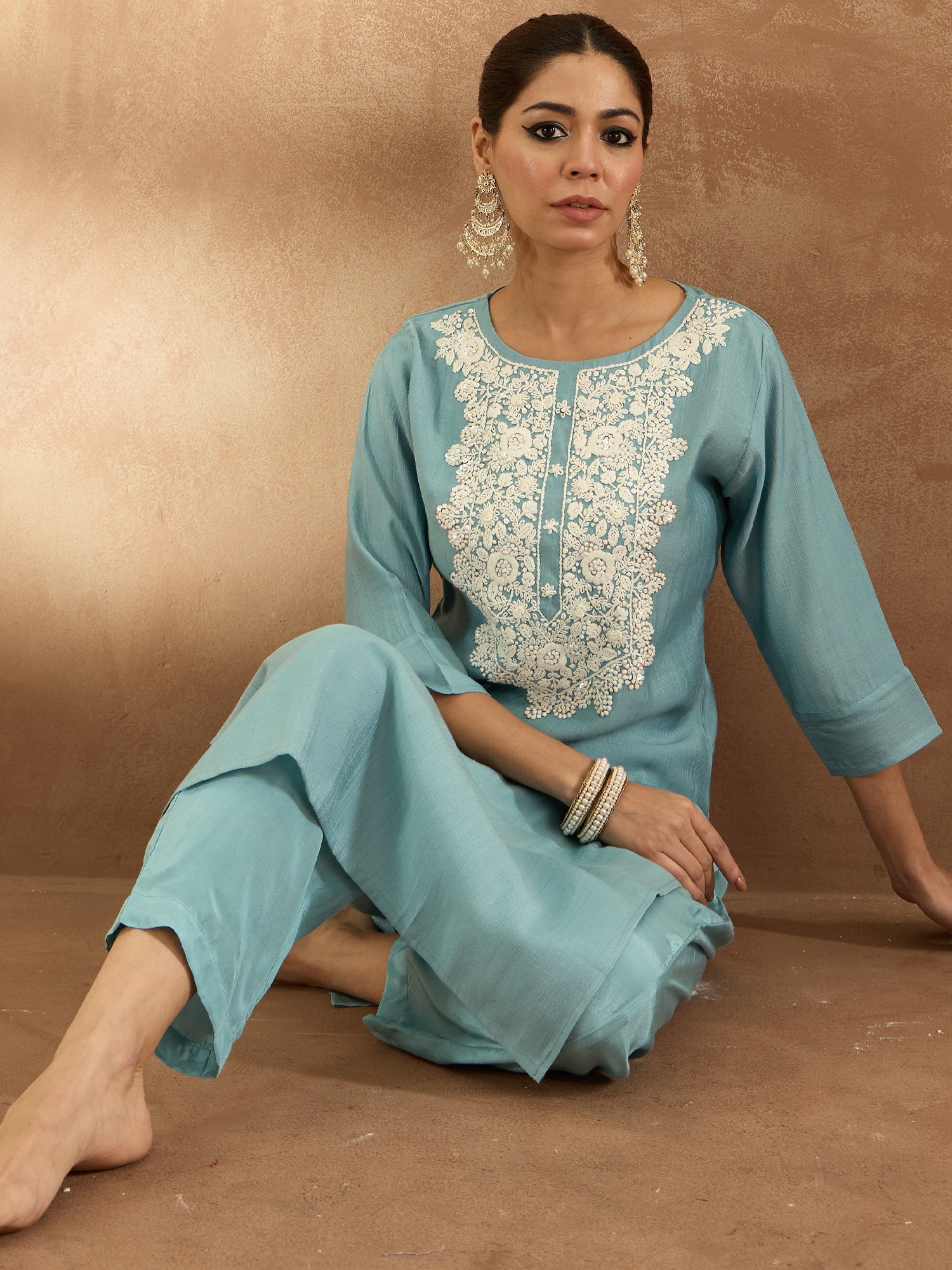 Women's Blue Silk Blend Kurta Set - Taantav