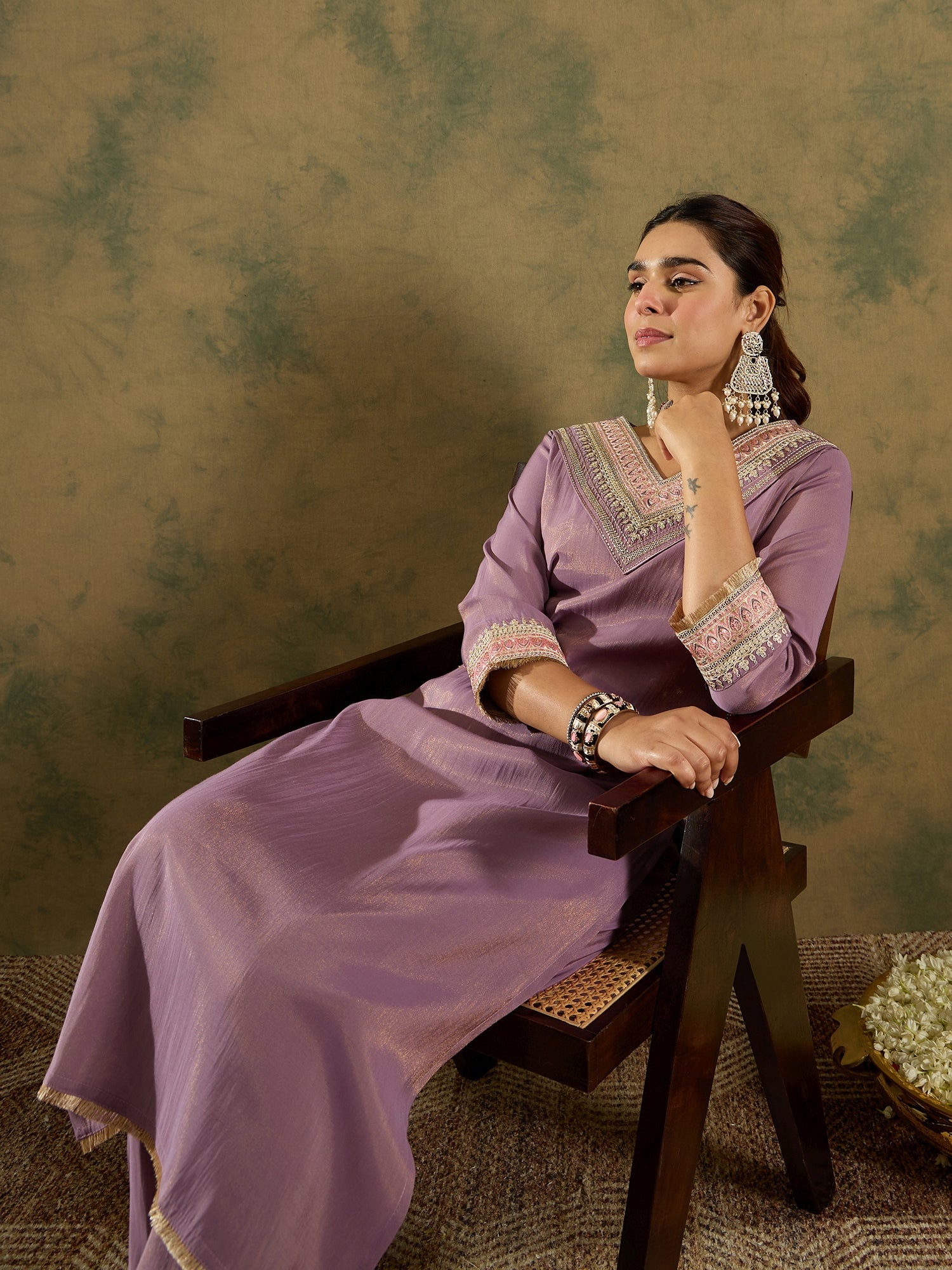 Women's Lavender Silk Blend Kurta Set - Taantav