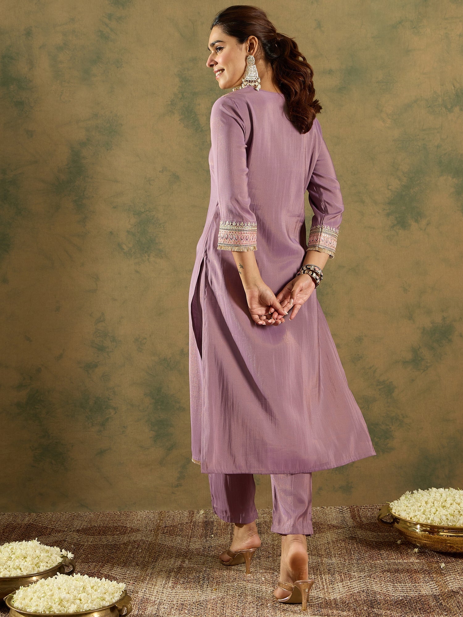 Women's Lavender Silk Blend Kurta Set - Taantav