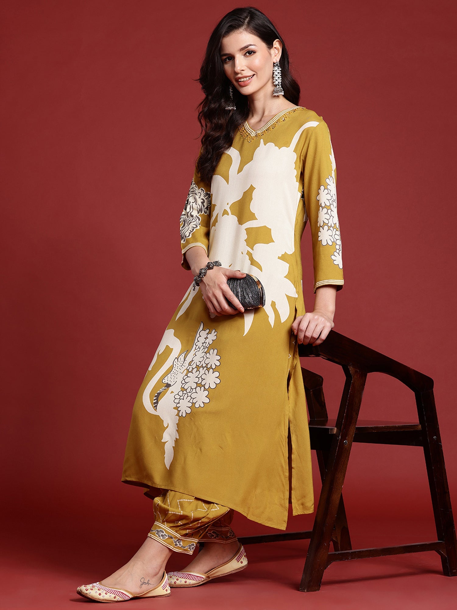 Women's Mustard Viscose Rayon Kurta Set - Taantav