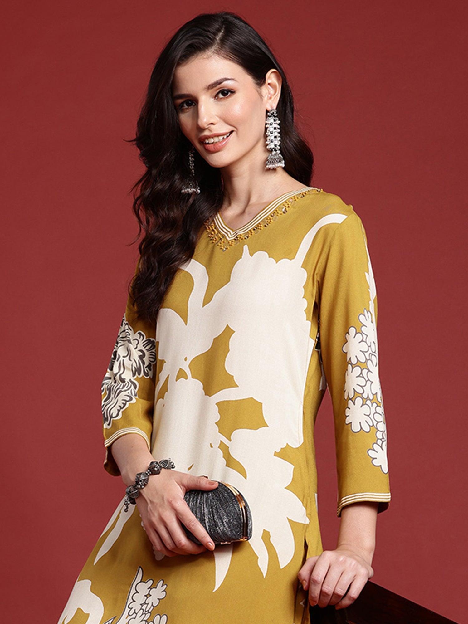 Women's Mustard Viscose Rayon Kurta Set - Taantav