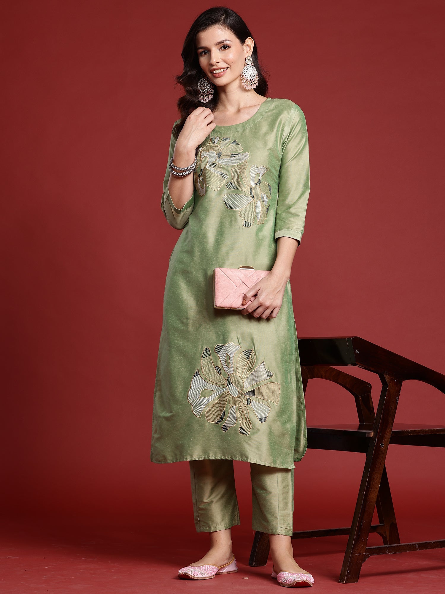 Women's Green Silk Blend Kurta Set - Taantav