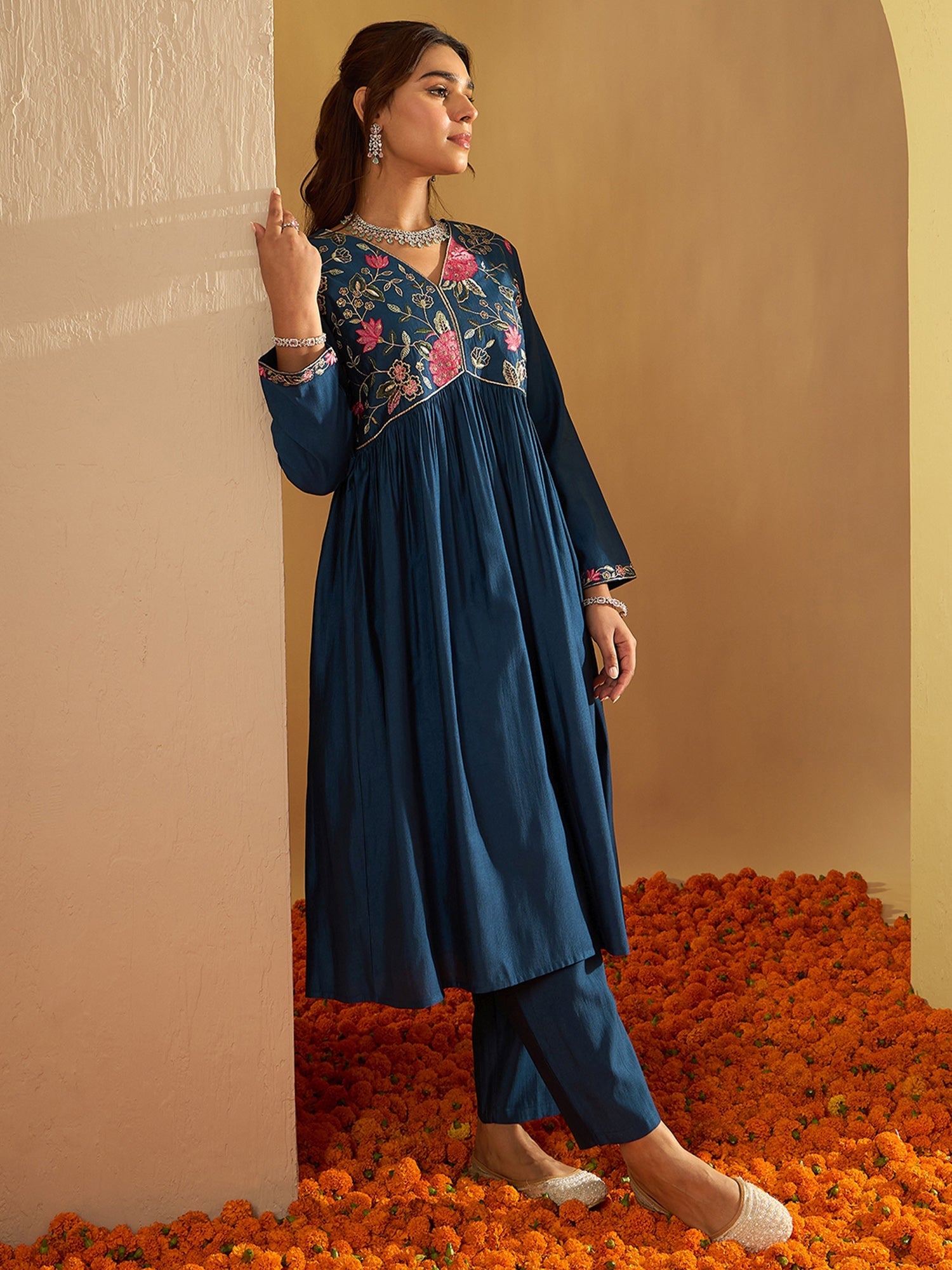 Women's Teal Liva Kurta Set - Taantav