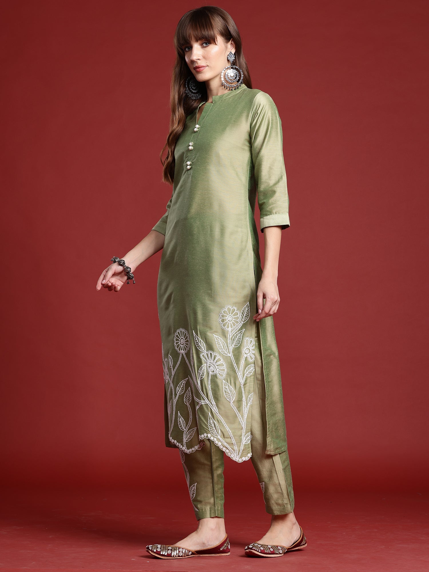 Women's Olive Silk Blend Kurta Set - Taantav