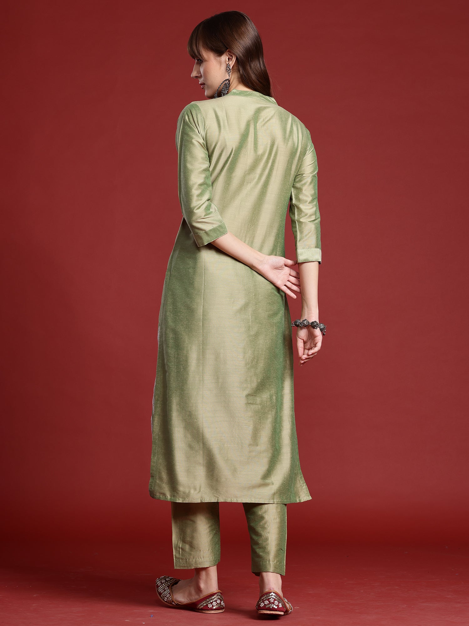 Women's Olive Silk Blend Kurta Set - Taantav