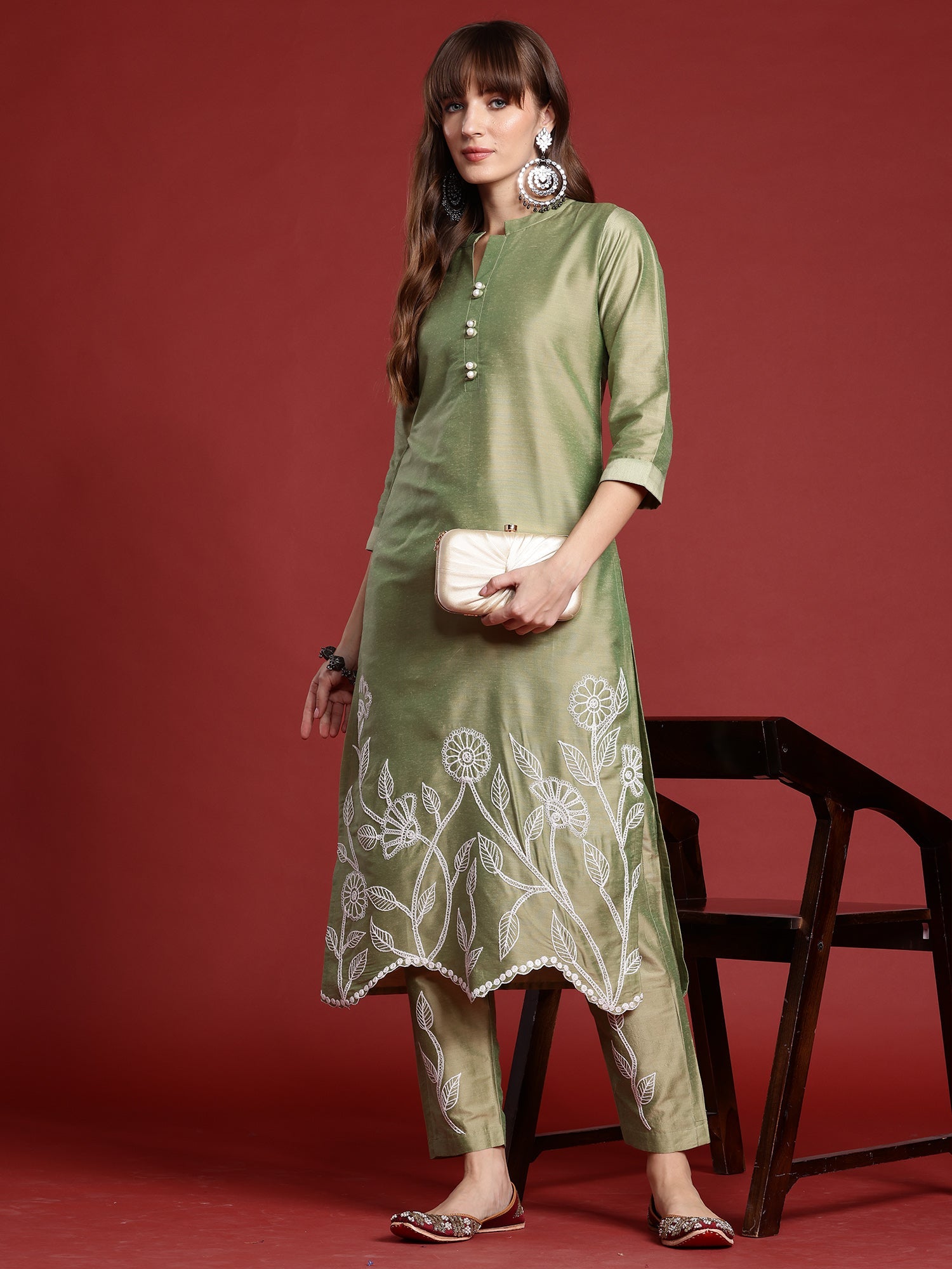 Women's Olive Silk Blend Kurta Set - Taantav