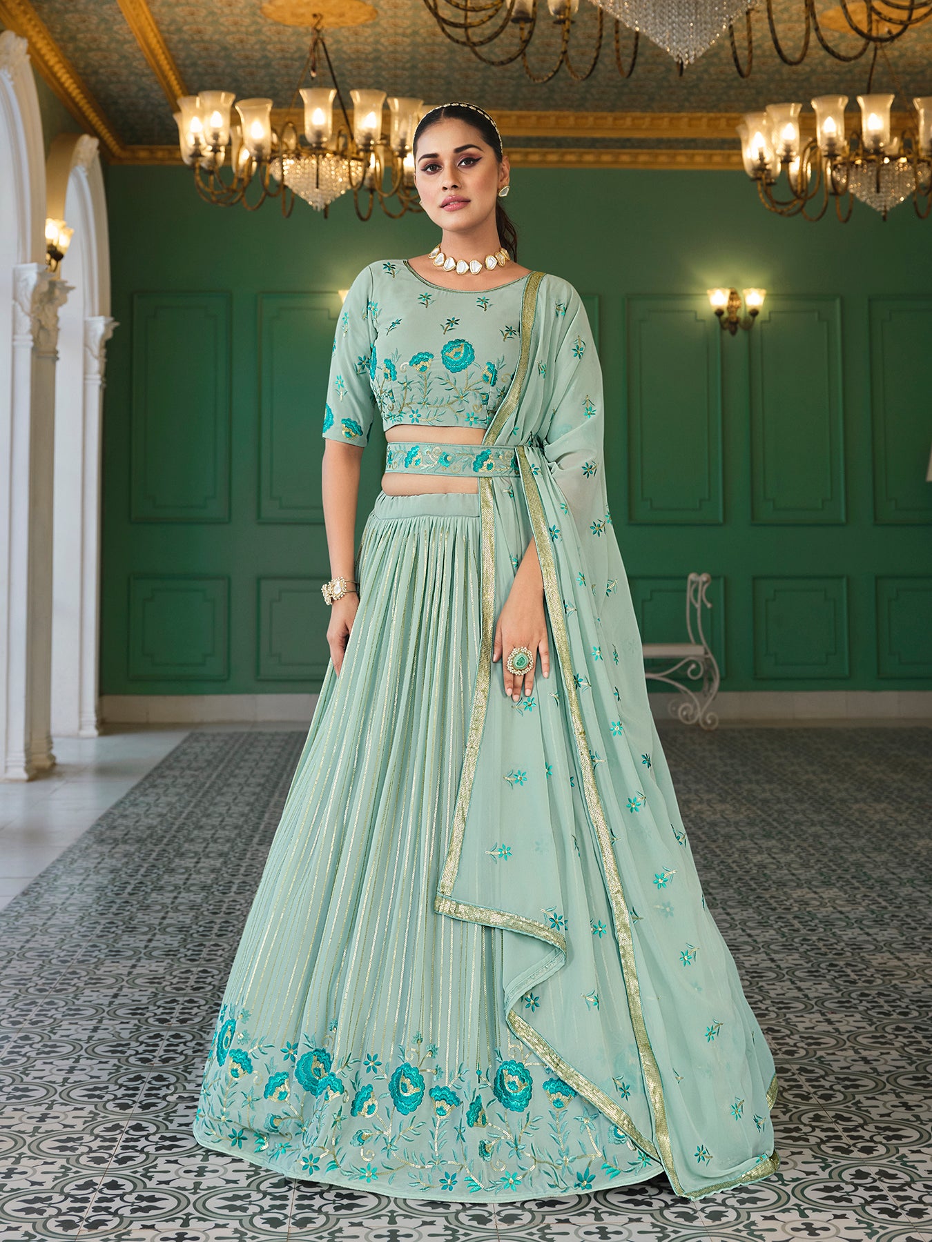 Women's Pista Green Georgette Thread Sequence Embroidered Lehenga Set - Shubhkala