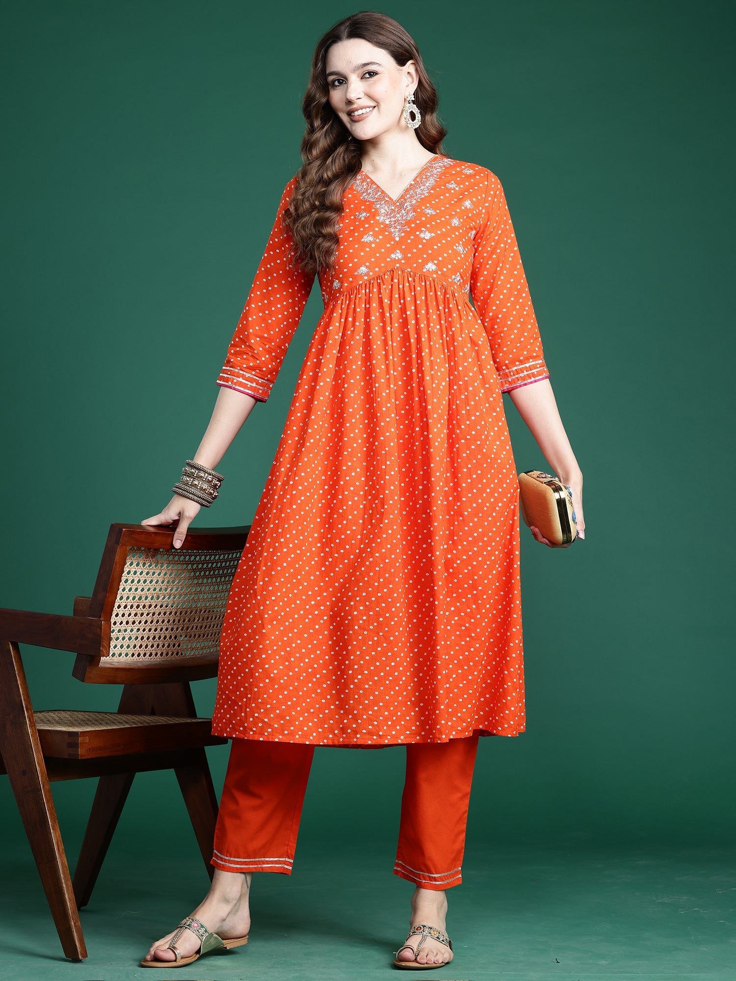 Women's Orange Pure Cotton Kurta Set - Taantav