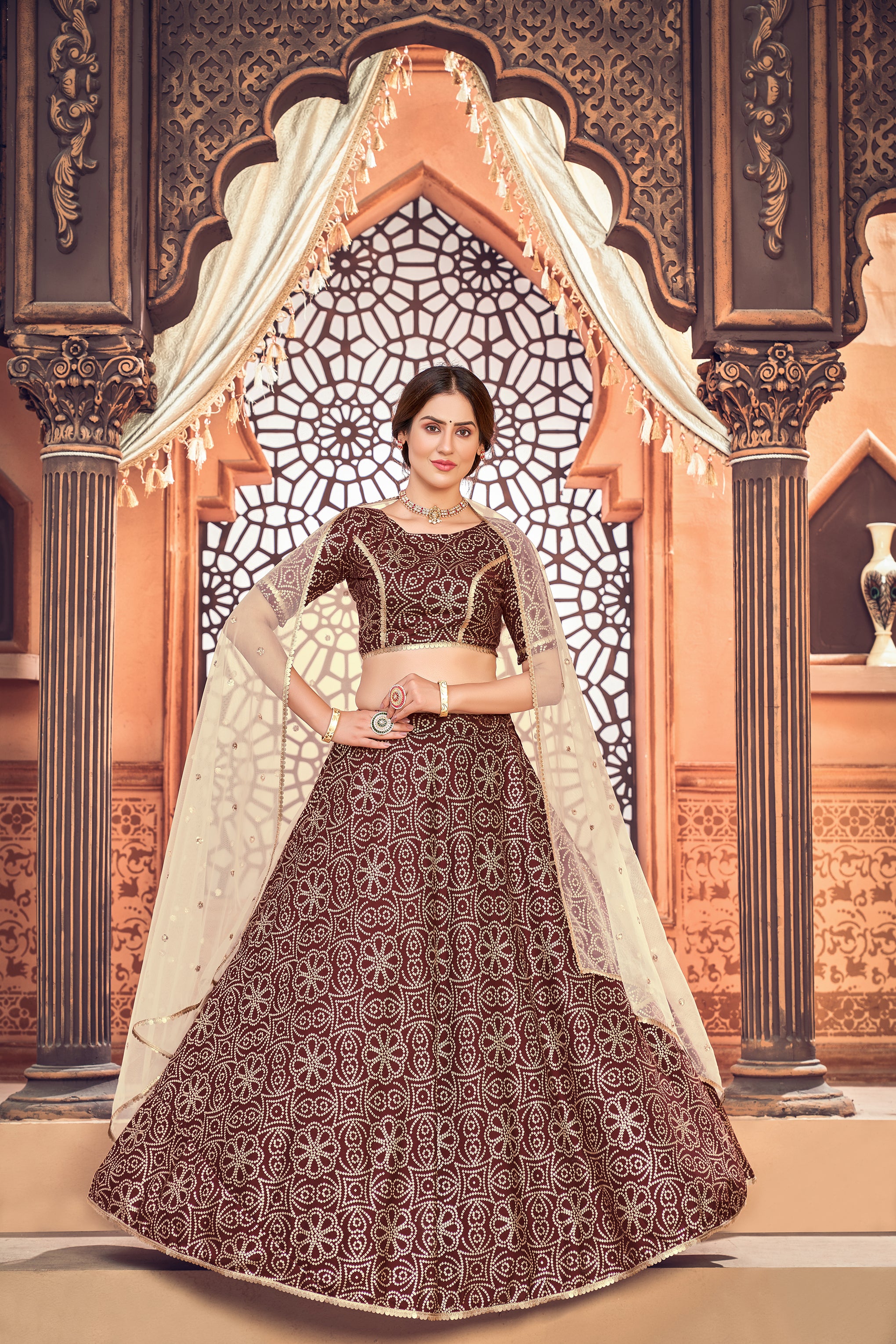 Women's Deep Maroon Silk Metalic Foil Printed Lehenga Set - Shubhkala