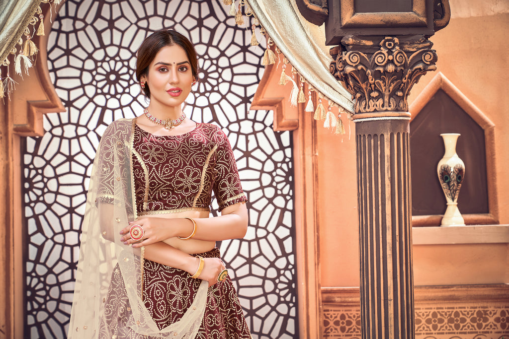 Women's Deep Maroon Silk Metalic Foil Printed Lehenga Set
