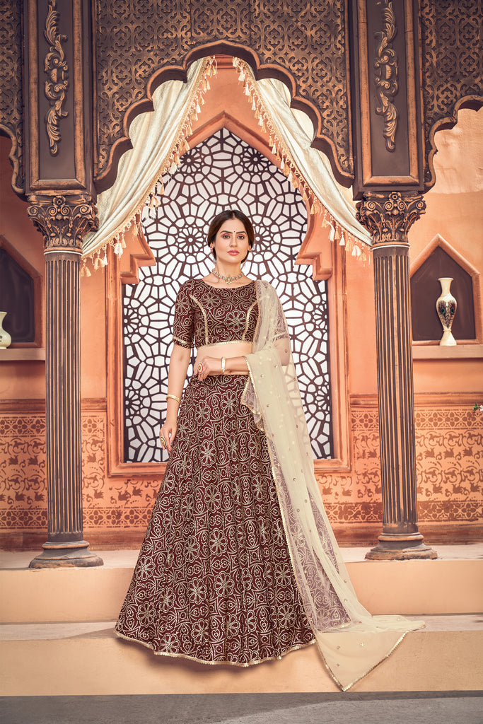 Women's Deep Maroon Silk Metalic Foil Printed Lehenga Set