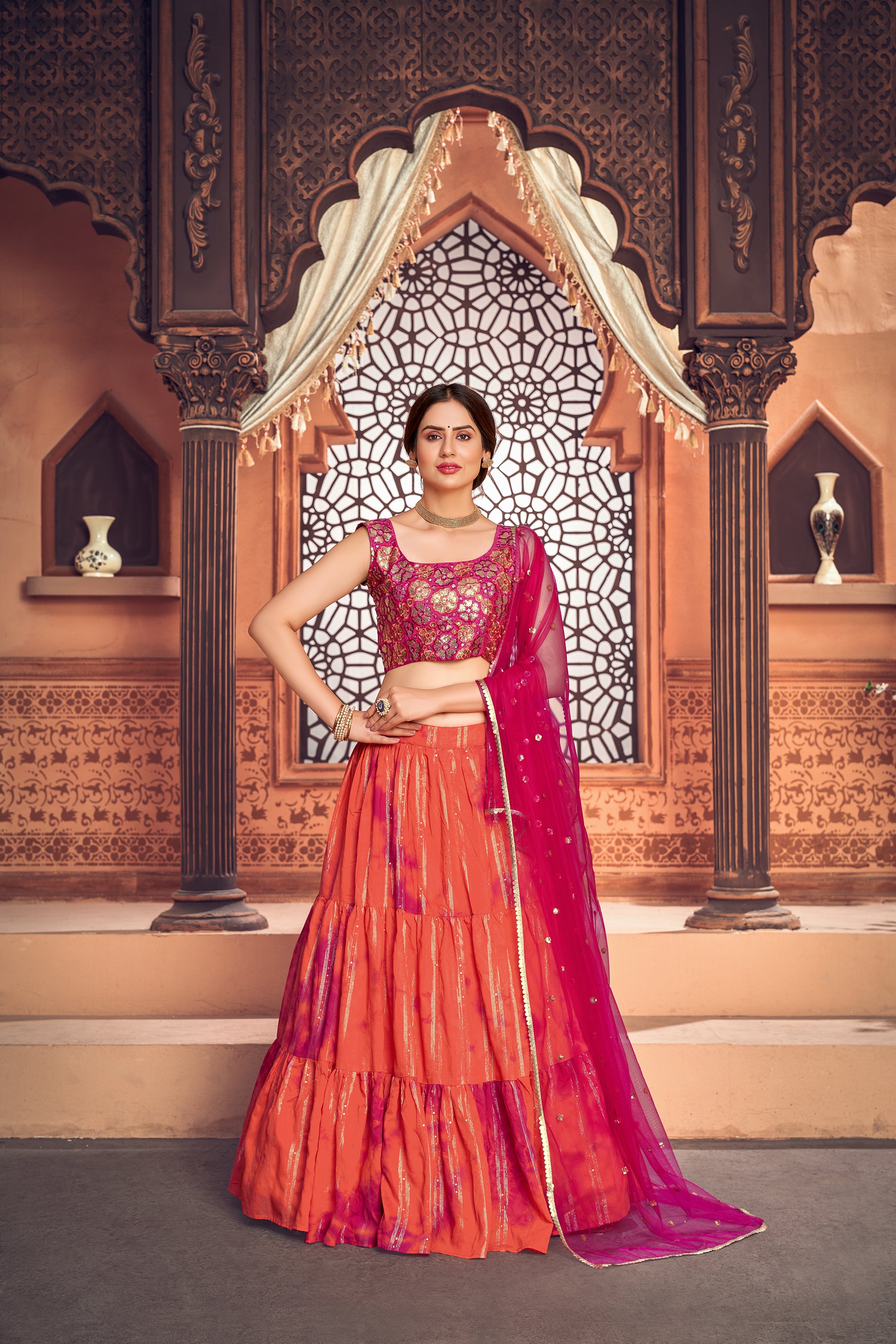 Women's Orange Cotton Printed Sequence Lehenga Set - Shubhkala