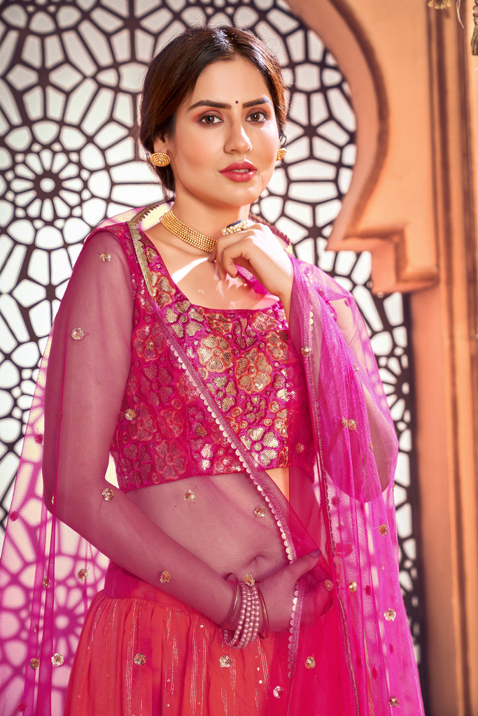 Women's Orange Cotton Printed Sequence Lehenga Set