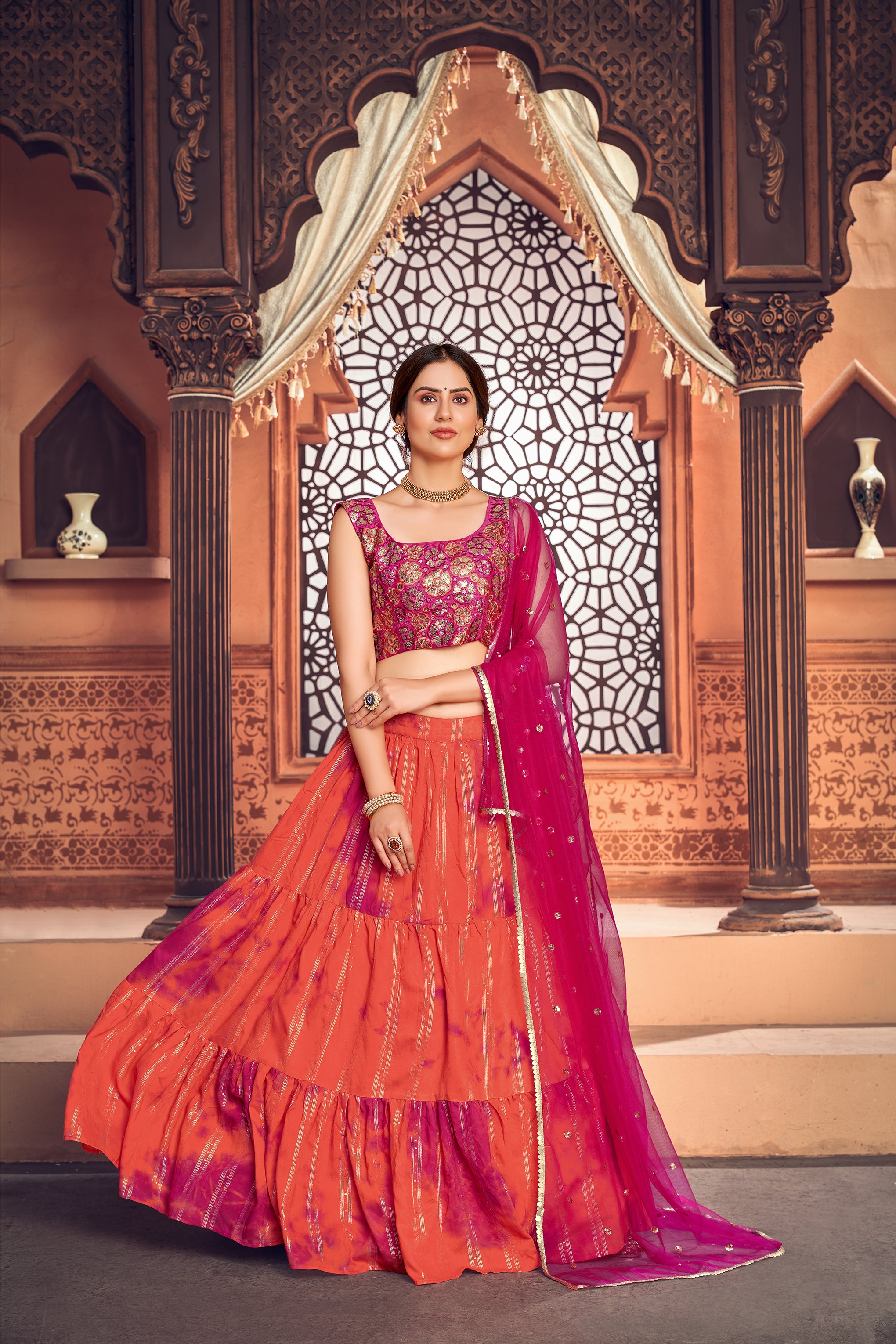 Women's Orange Cotton Printed Sequence Lehenga Set - Shubhkala