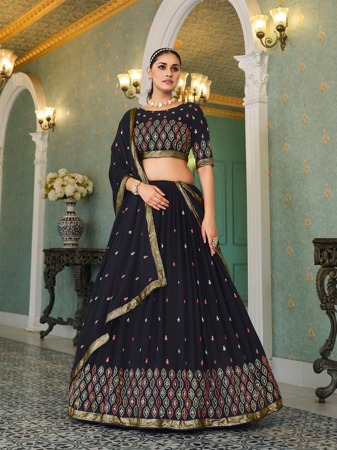 Women's Navy Blue Georgette Thread Sequence Embroidered Lehenga Set - Shubhkala