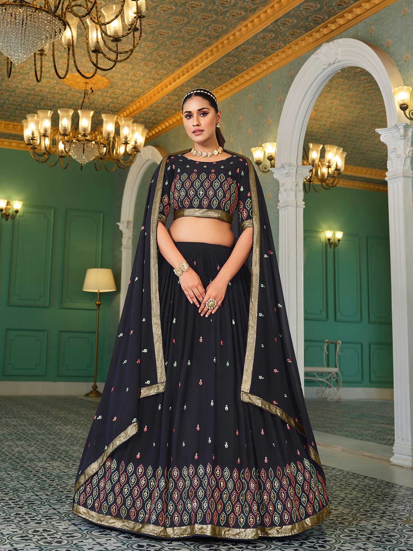 Women's Navy Blue Georgette Thread Sequence Embroidered Lehenga Set - Shubhkala