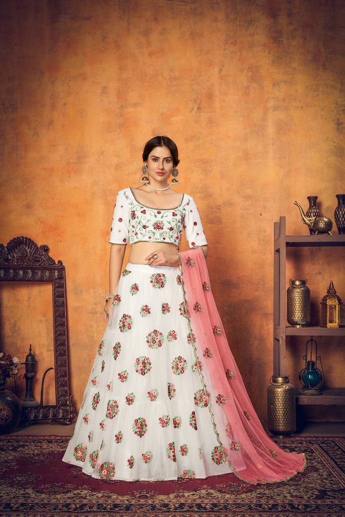 Women's White Net Thread Sequence Embroidered Lehenga Set