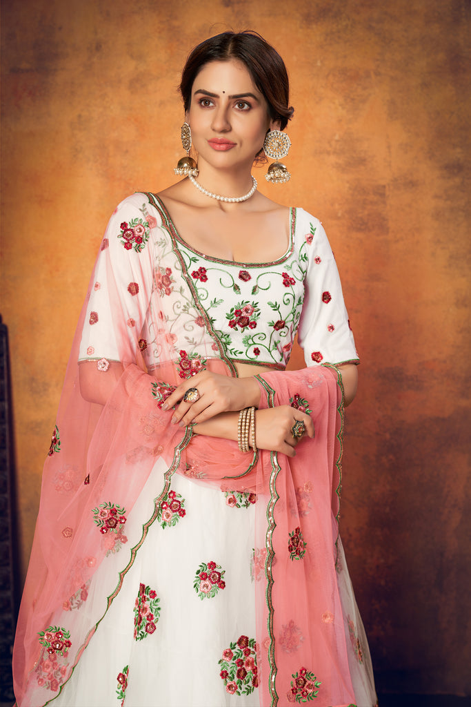Women's White Net Thread Sequence Embroidered Lehenga Set