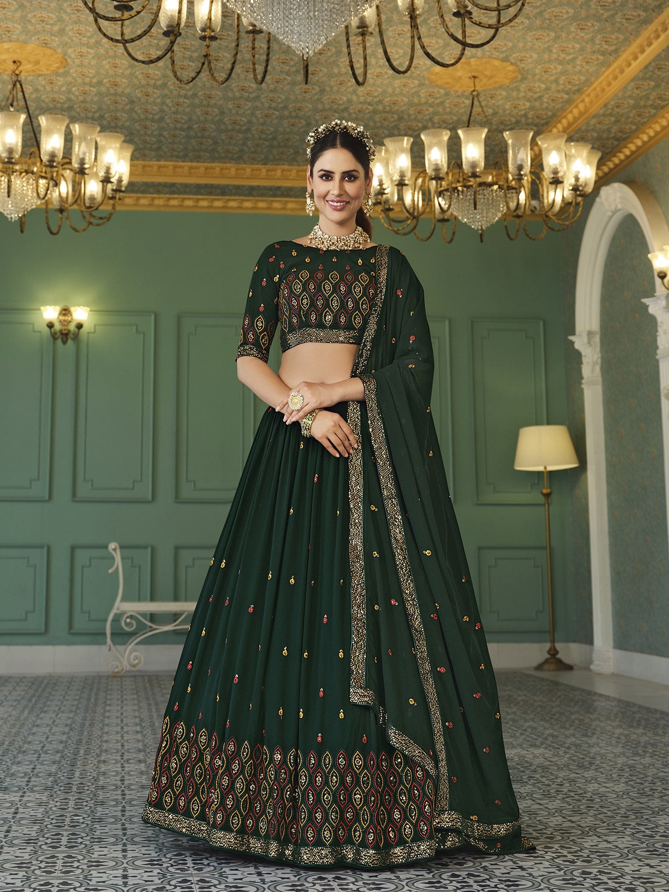 Women's Green Georgette Thread Sequence Embroidered Lehenga Set - Shubhkala