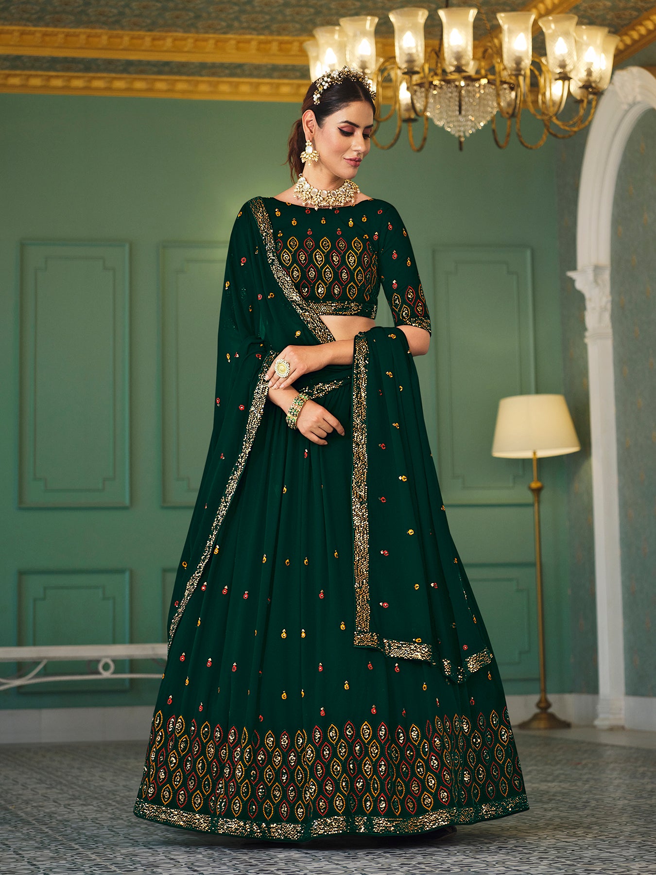 Women's Green Georgette Thread Sequence Embroidered Lehenga Set - Shubhkala