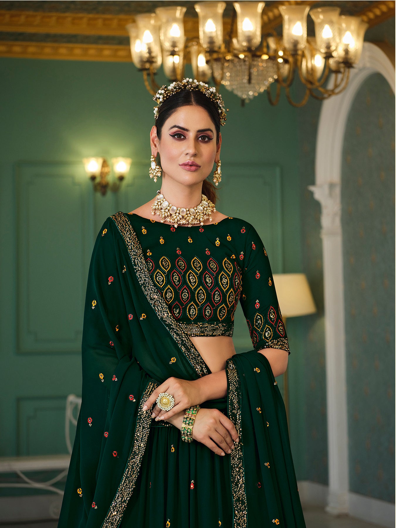 Women's Green Georgette Thread Sequence Embroidered Lehenga Set - Shubhkala