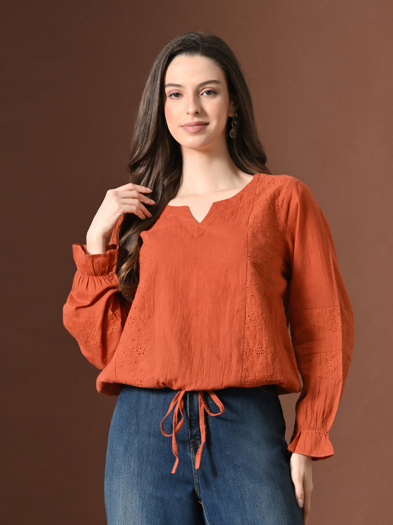 Women's Red Pure Cotton Embroiderd Three-Forth Sleeve Kurta With Trouser