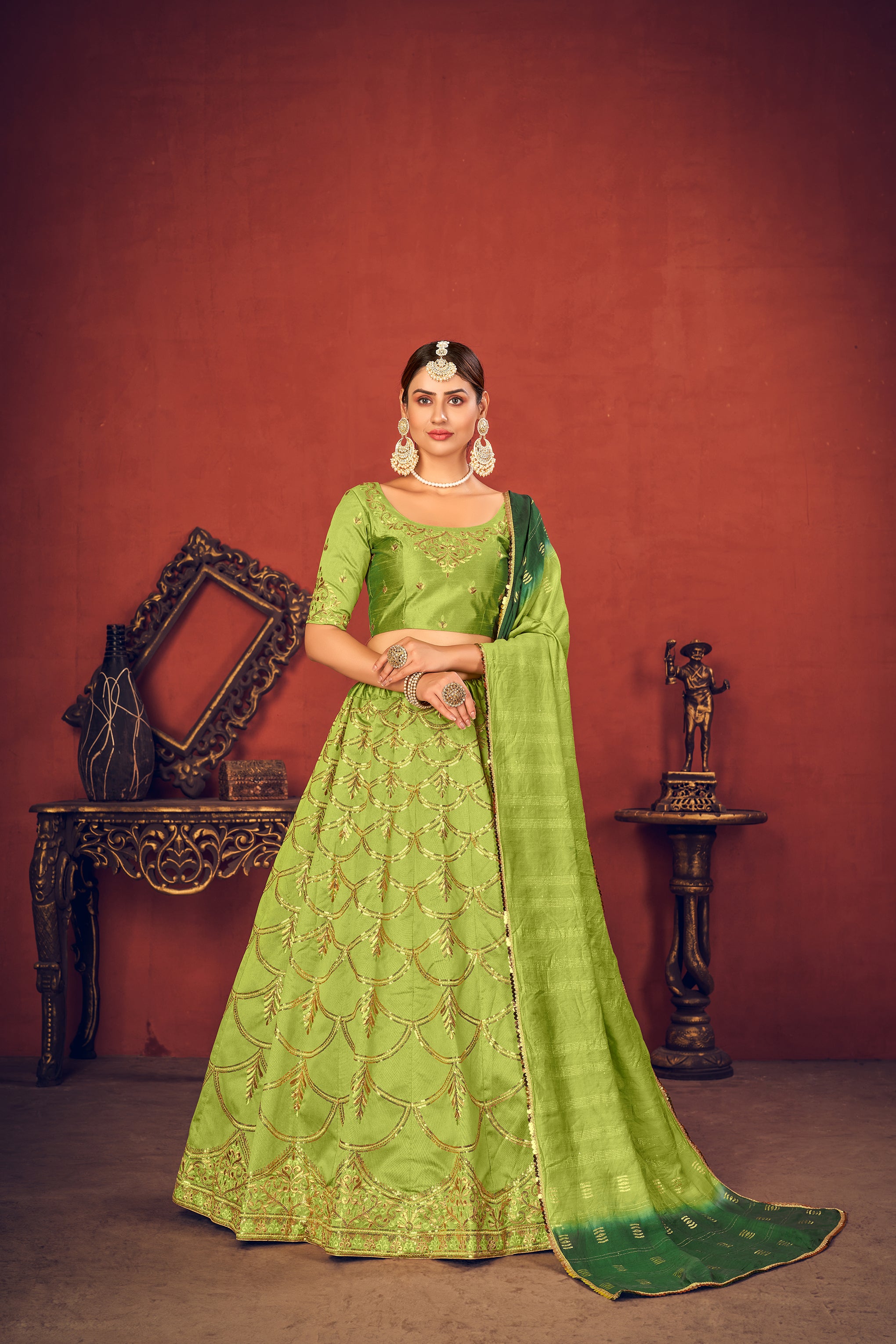 Women's Floracance Green Art Silk Thread With Sequince Embroidered Lehenga Set - Shubhkala