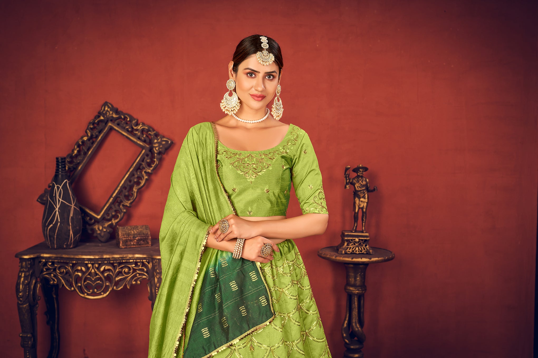 Women's Floracance Green Art Silk Thread With Sequince Embroidered Lehenga Set - Shubhkala