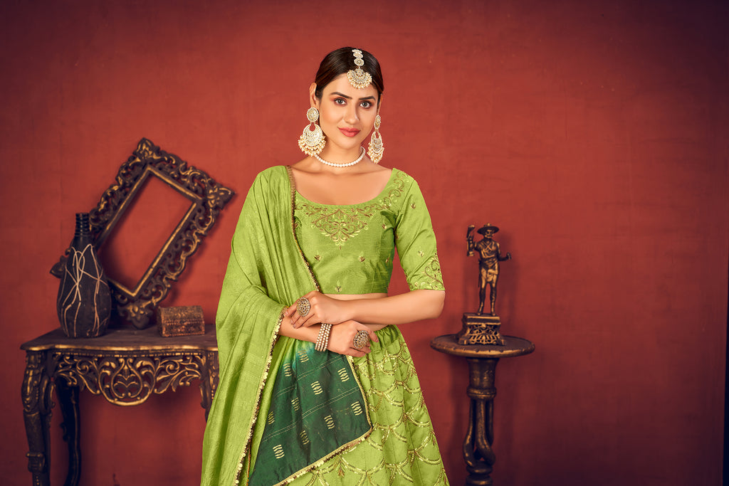 Women's Floracance Green Art Silk Thread With Sequince Embroidered Lehenga Set