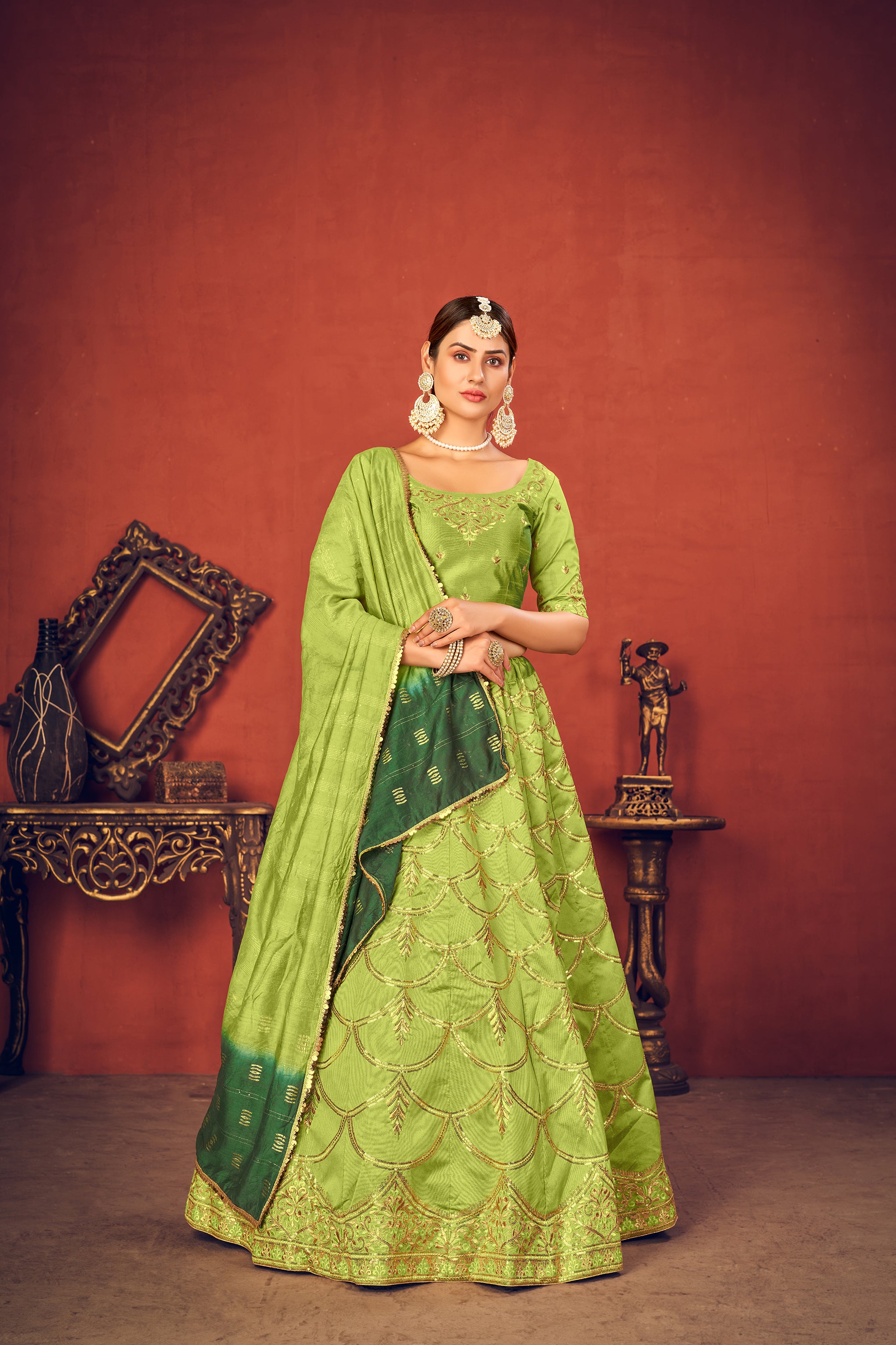 Women's Floracance Green Art Silk Thread With Sequince Embroidered Lehenga Set - Shubhkala