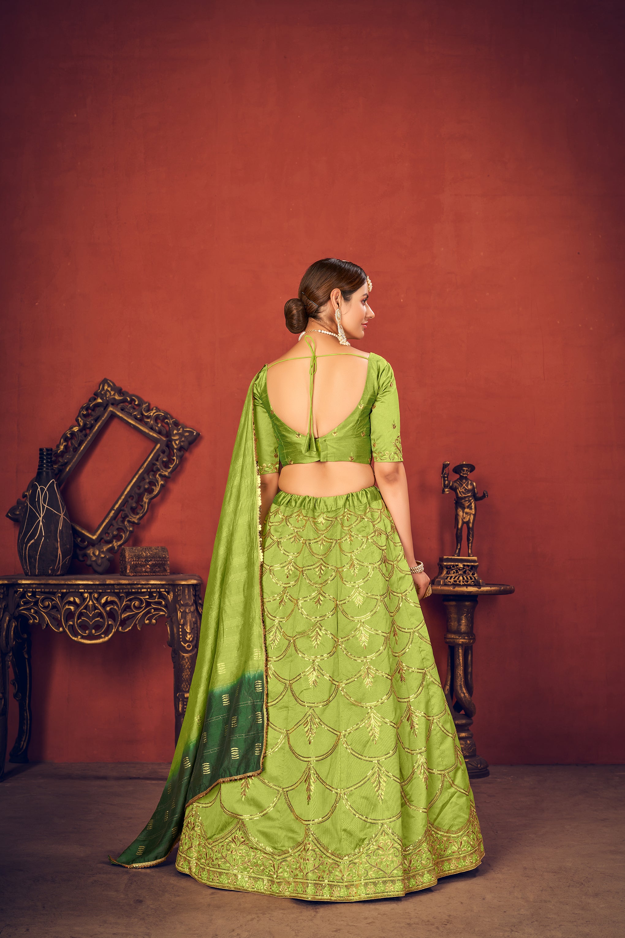 Women's Floracance Green Art Silk Thread With Sequince Embroidered Lehenga Set - Shubhkala