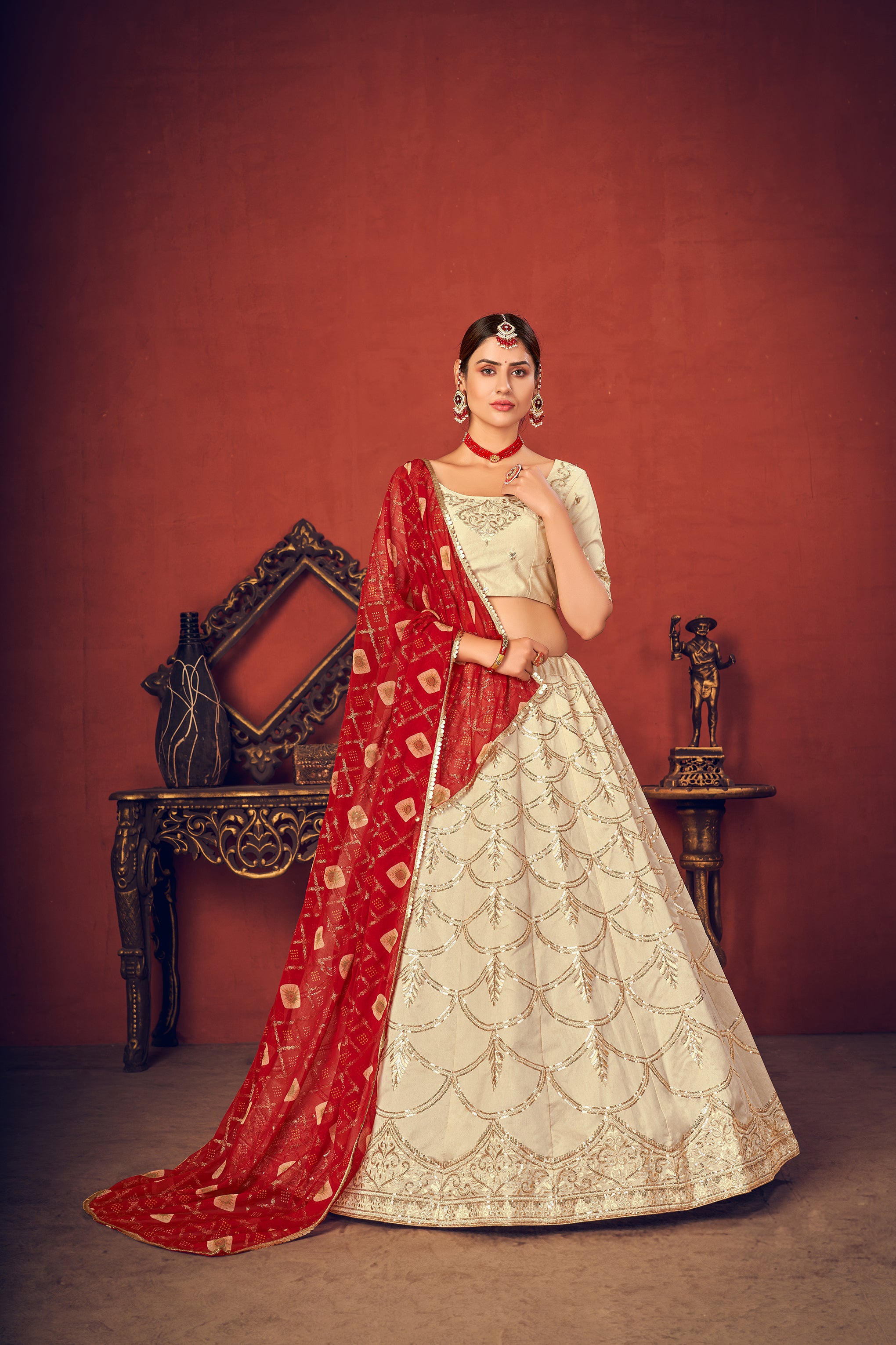 Women's Beige Art Silk Thread With Sequince Embroidered Lehenga Set - Shubhkala